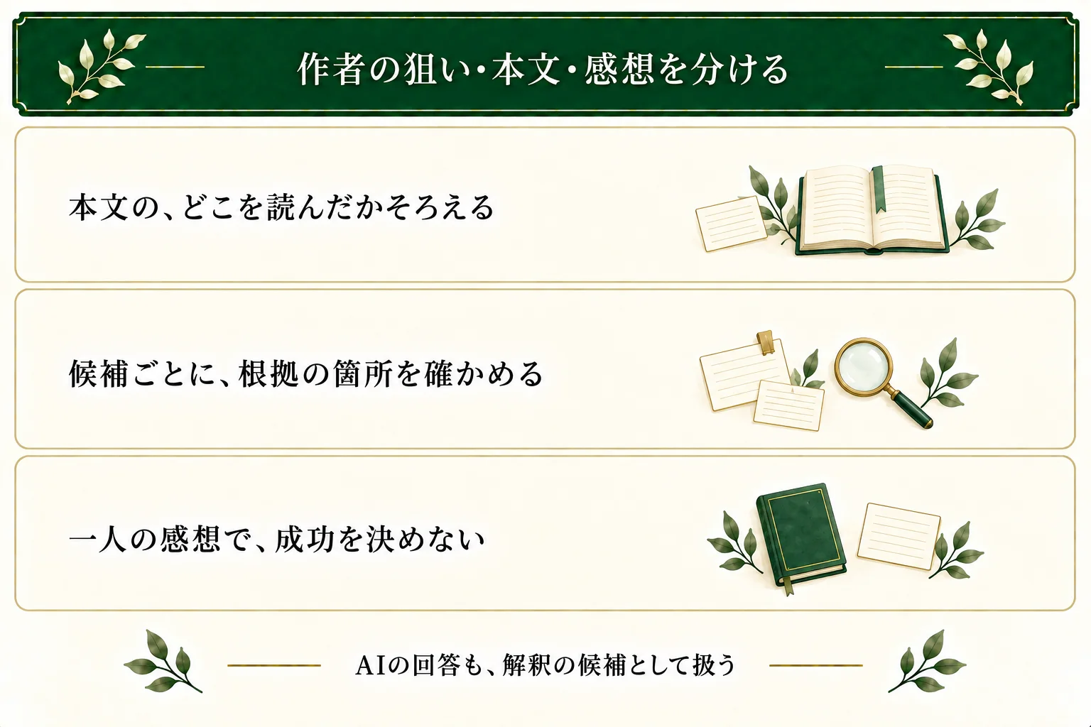 作者の狙いと本文、読み手の感想を分けて記録。読む版と範囲をそろえて根拠を聞き、一人の感想やAIの回答だけで表現成功や不足の原因を決めない。