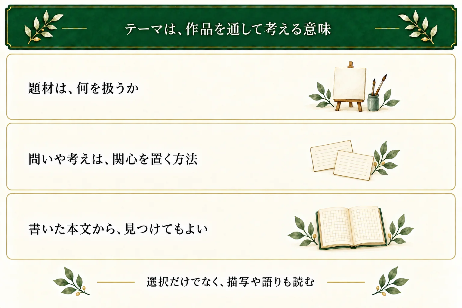題材は扱うもの、テーマは作品を通して考える意味や考え。仮の問いや考えを先に置く方法も、書いた本文から見つける方法もある。描写や語りも読める。