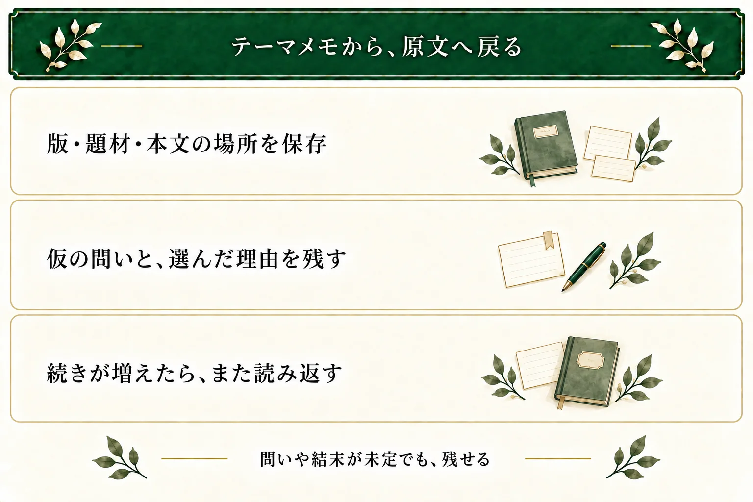 材料の版、題材、原文、仮の問いと解釈候補、作者の判断、次の確認を保存する。使わない人物の答えや未定の結末は空欄でよく、本文が増えたら問いも見直す。