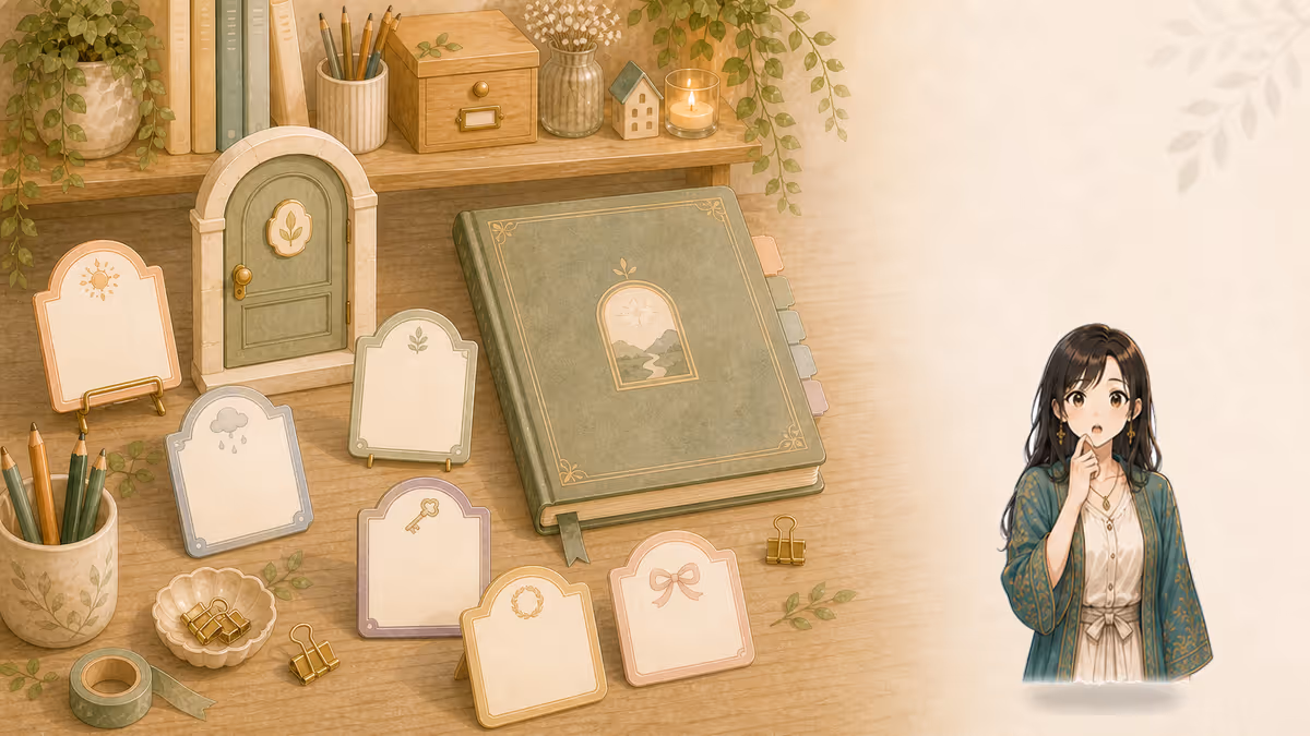 コトハが物語の最初の扉になるタイトルカードを前に作品の入口を選ぶ創作アトリエの挿絵