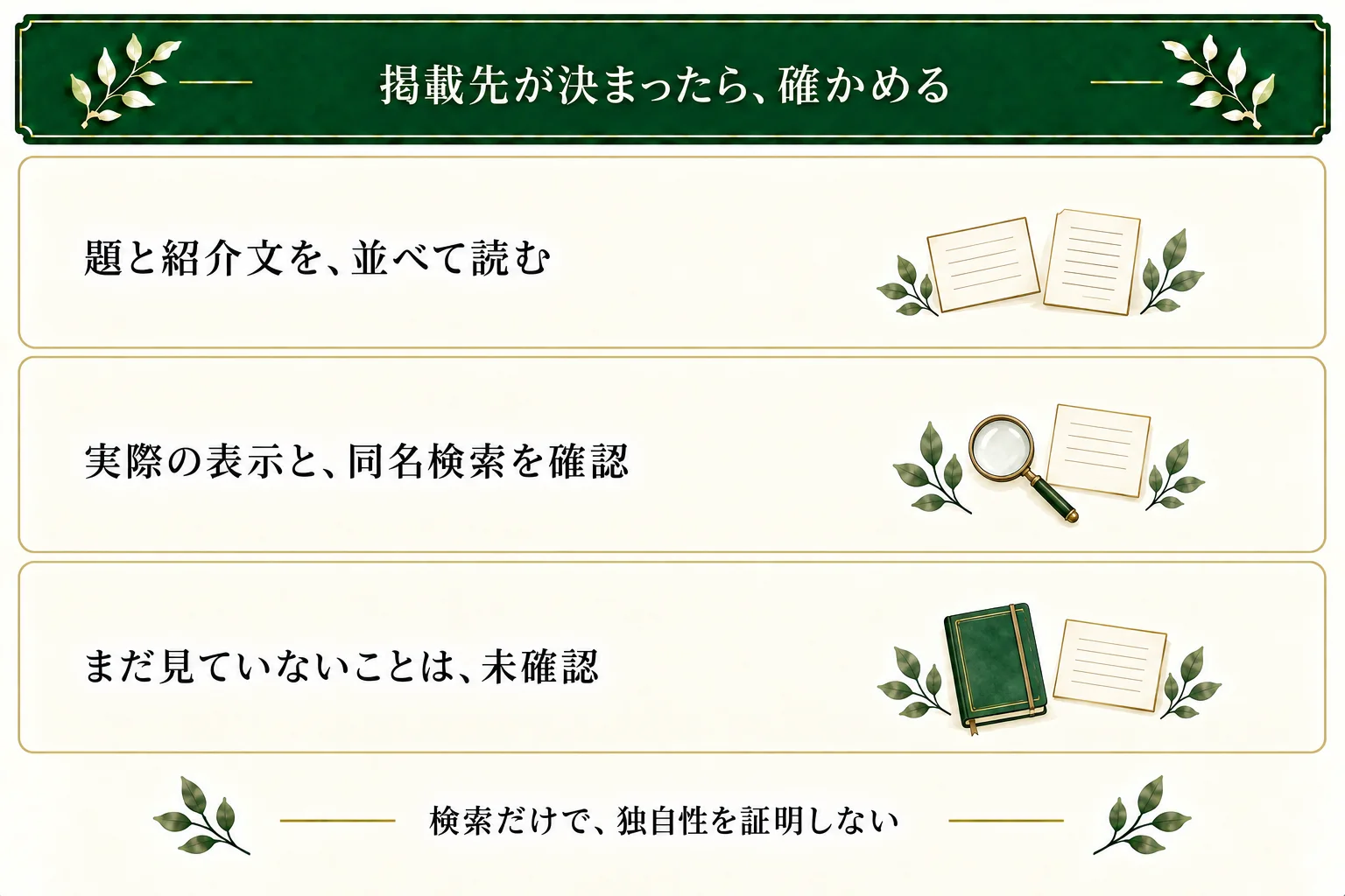 掲載先が決まってからタイトルの入力条件、実画面の表示、同名や類似名、紹介文との組み合わせを確認する。今回の作例は公開先・表示・検索・読者反応が未確認。