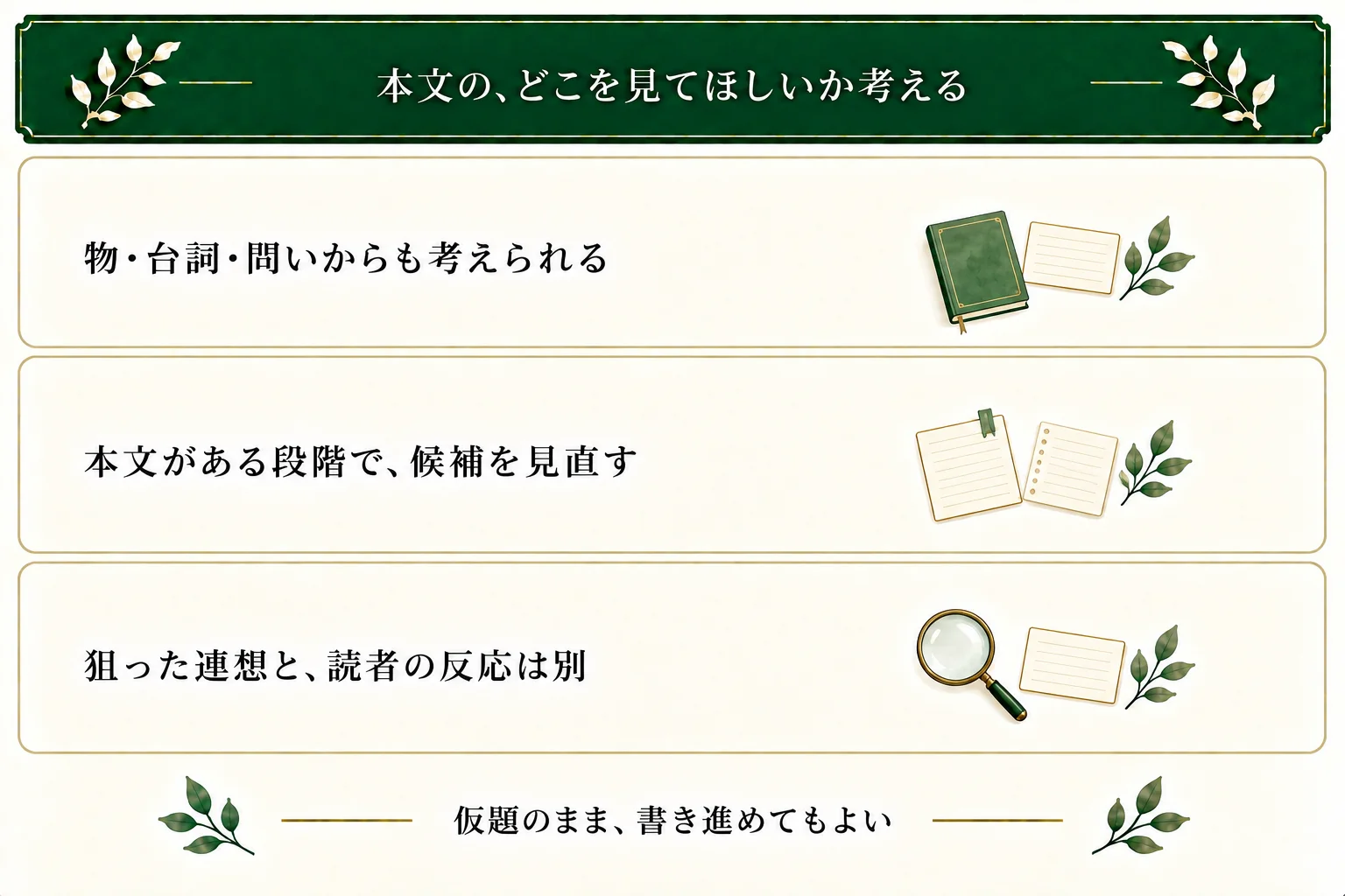 物語のタイトルは物、台詞、問い、比喩からも考えられる。本文ができた段階で候補とのつながりを見直し、作者の狙う連想と実際の読者の感想を区別する。