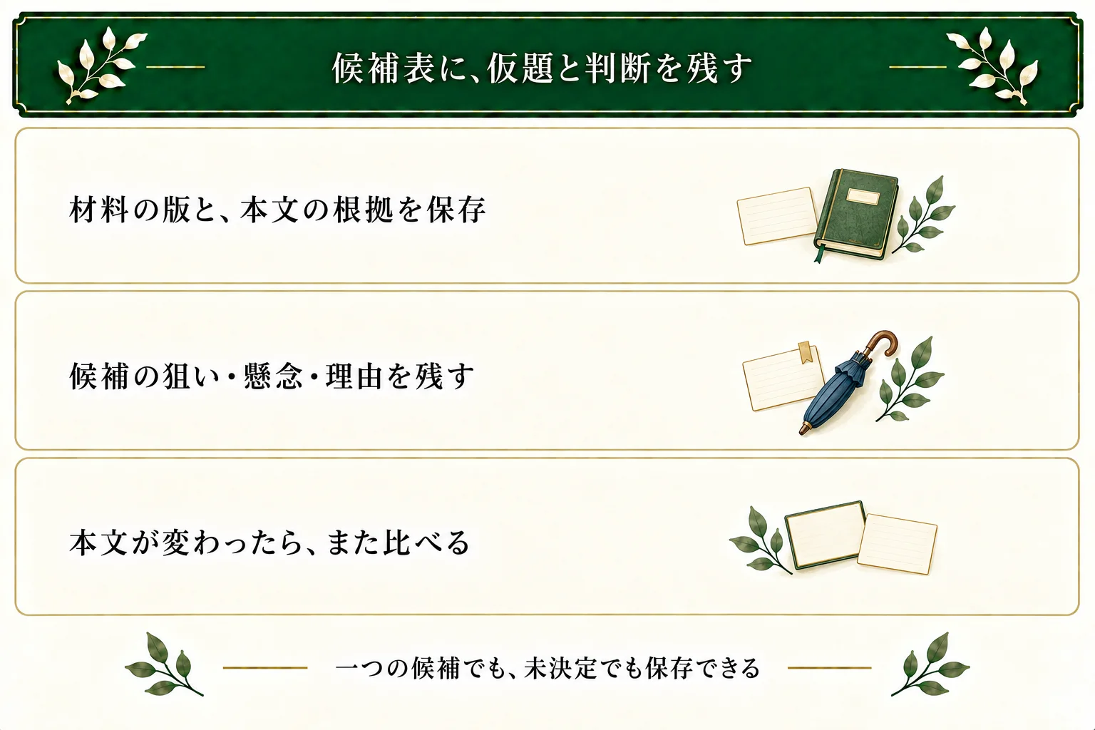 タイトル候補表に材料の版、原文、候補ごとの作者の狙いと懸念、仮採用や保留の理由、公開前に確かめることを保存する。本文が変わったら見直せ、一つの候補や未決定のままでも残せる。