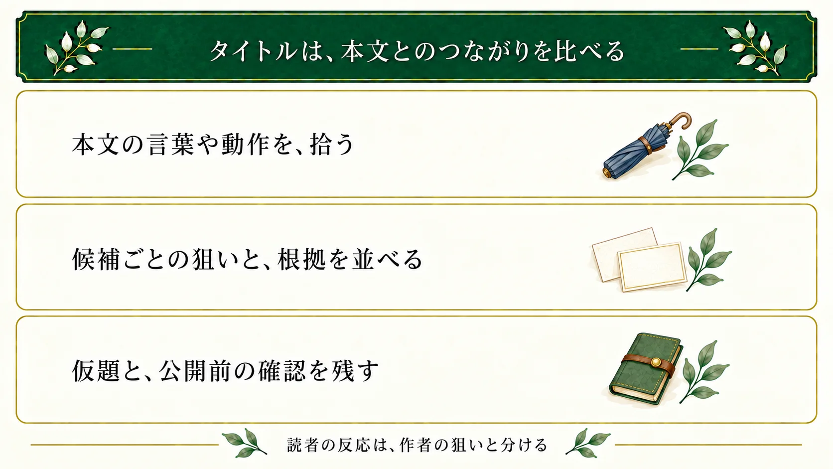 本文からタイトルの材料を拾い、候補ごとの作者の狙い、本文の根拠、懸念を比較。仮題を選び、公開先の表示や同名検索など未確認の項目を残す。