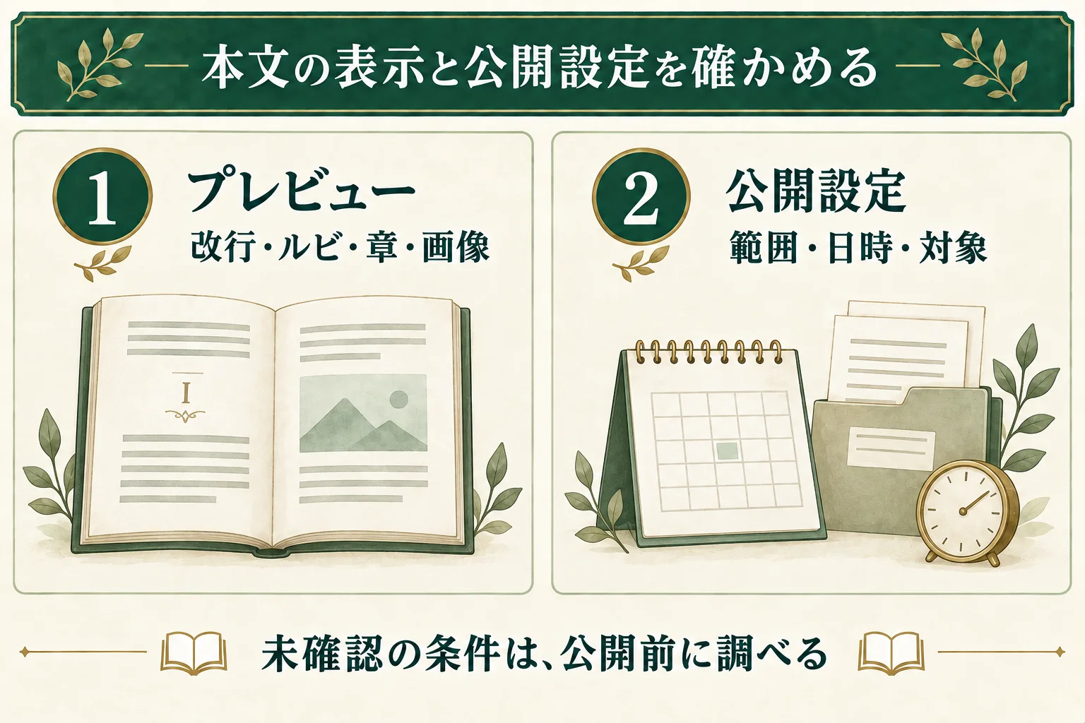 本文の改行・ルビ・章・画像はプレビューで、公開範囲・日時・対象は公開設定で確かめる。未確認の条件は公開前に調べる。