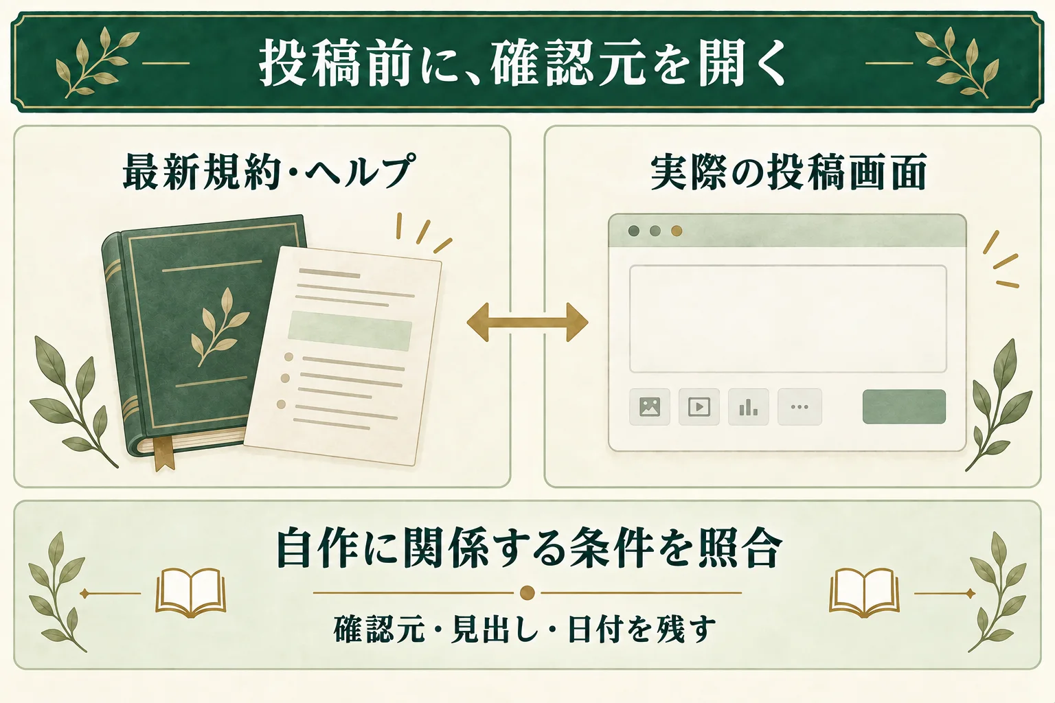 最新規約・ヘルプと実際の投稿画面を開き、自作に関係する条件を照合する。確認元のURL、見出し、確認日を残す。
