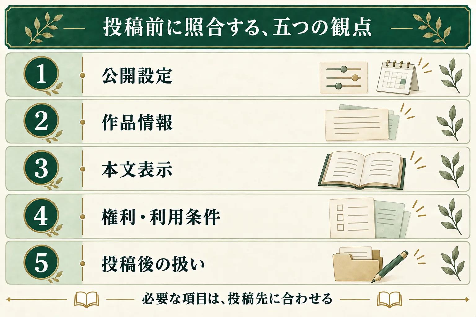 投稿前の確認を、公開設定、作品情報、本文表示、権利・利用条件、投稿後の扱いの五つに整理する。実際の項目は投稿先に合わせて増減する。