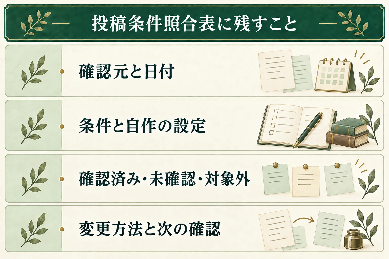 投稿条件照合表には、確認元と日付、条件と自作の設定、確認済み・未確認・対象外の状態、変更方法と次に確かめることを残す。