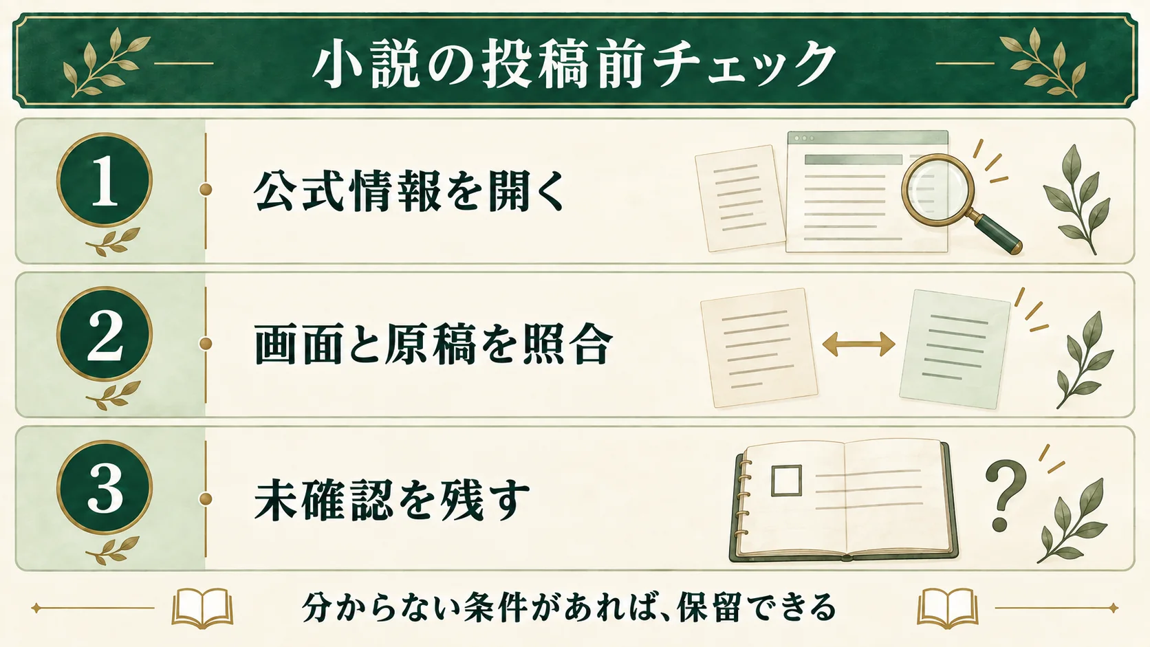 小説の投稿前には、公式情報を開き、画面と原稿を照合し、未確認の項目を残す。分からない条件があれば投稿を保留できる。