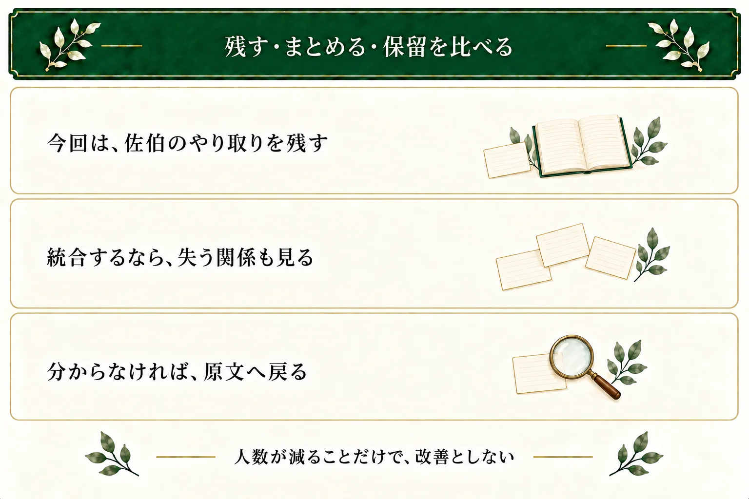 今回の四段落では佐伯を保持し、二人目の担当者がいないため統合案は作らない。統合を検討する場合は台詞・関係・場所の見え方を比べ、短い範囲だけで不要とは決めない。