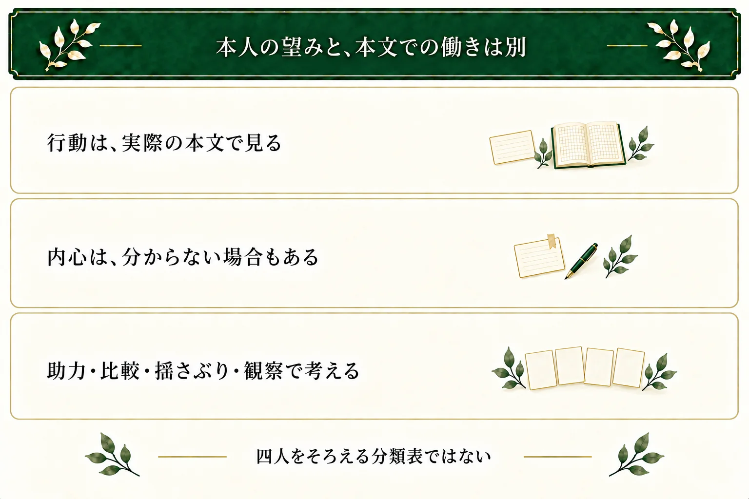 実際の動作と本文上の働き、本人の望みを分ける。内心が未記述でもよい。助力・比較・揺さぶり・観察は四人をそろえる分類や、一人一役の規則ではない。