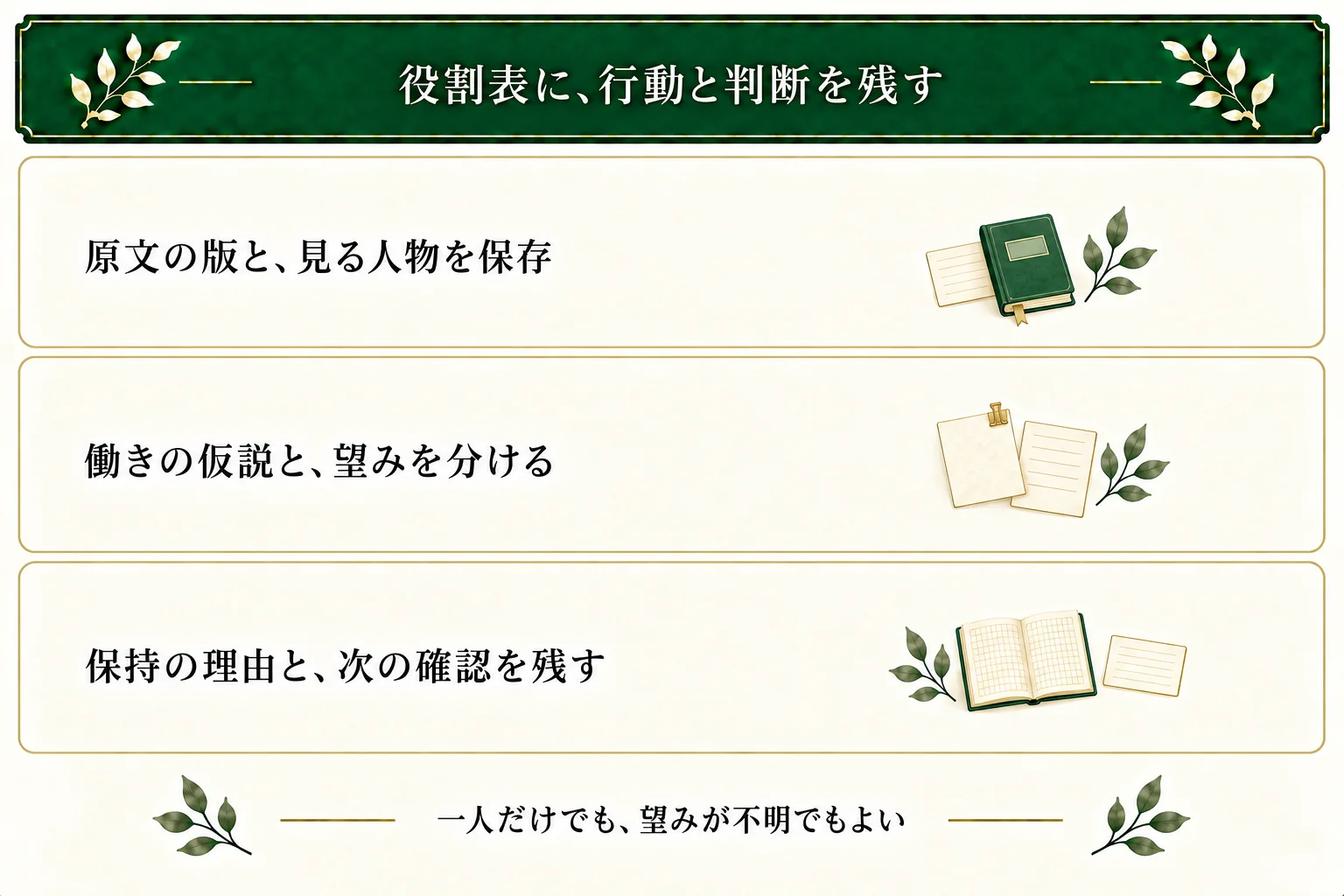 脇役役割表に原文の版と範囲、対象人物、実際の行動、働きの仮説、本人の望みと不明点を保存する。一人だけの確認や統合不要の状態でも使え、次に読む箇所を残す。