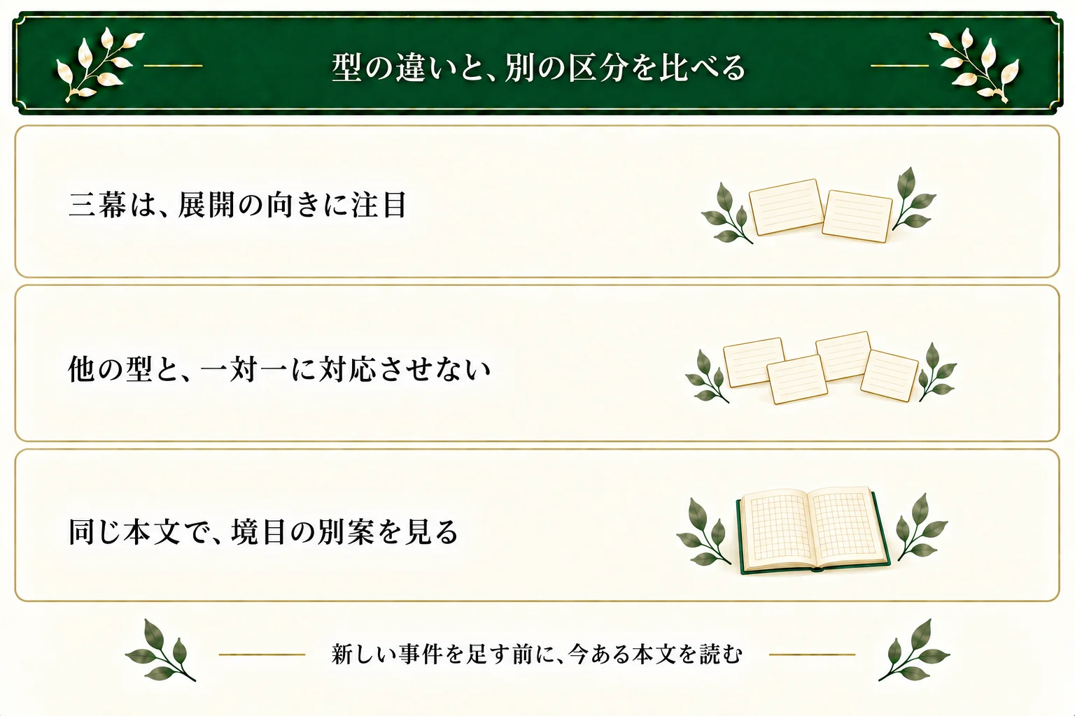 三幕構成、起承転結、序破急は観点が異なる。同じ本文で境目の別案を比べ、必要なときに中盤も確認する。