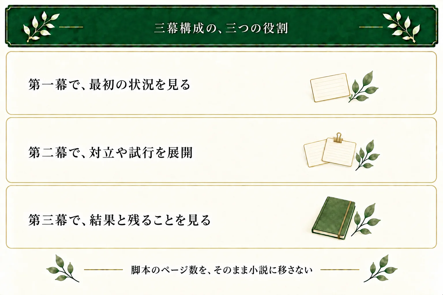 三幕は第一幕の状況提示、第二幕の対立や試行、第三幕の決着として流れを見る。三行メモと本文の長さや場面数は別。