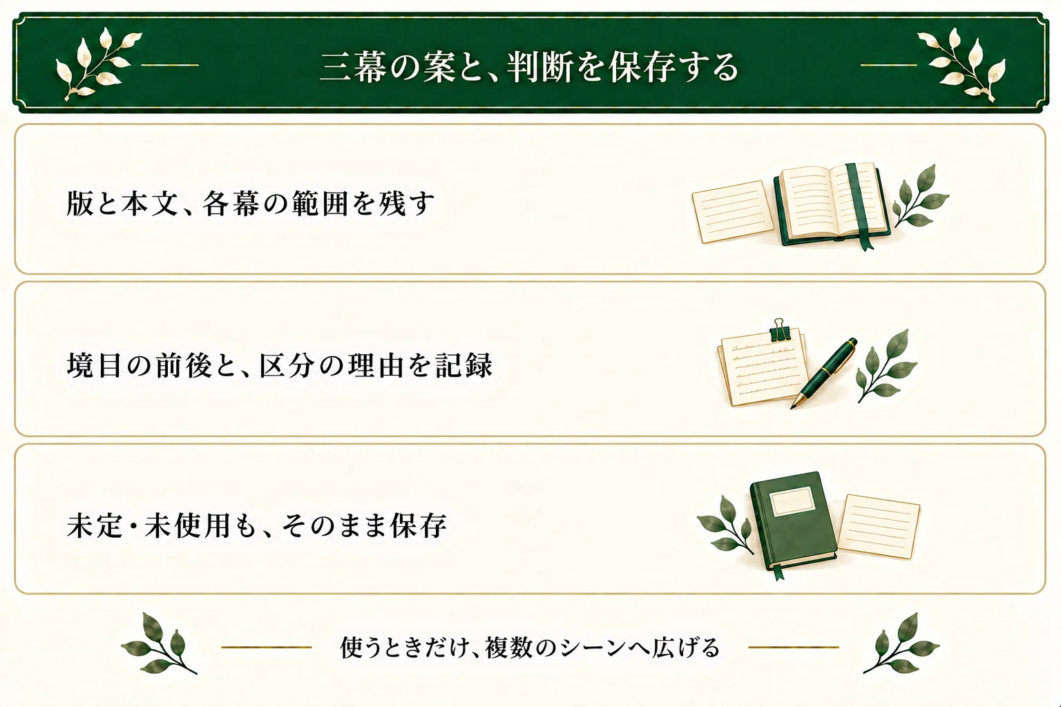 三幕整理表に版と本文、各幕の範囲、二つの境目、区分の理由と次の確認を保存する。未定や使わない観点も残せる。