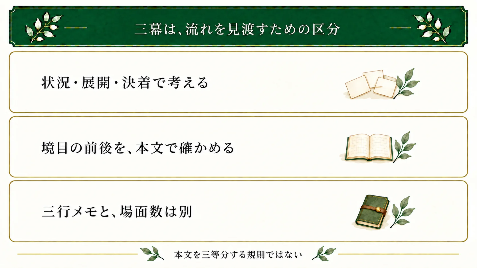 三幕構成の役割と転換点を本文で確かめ、区分の理由を残す。三行メモは三場面や等分する規則ではない。