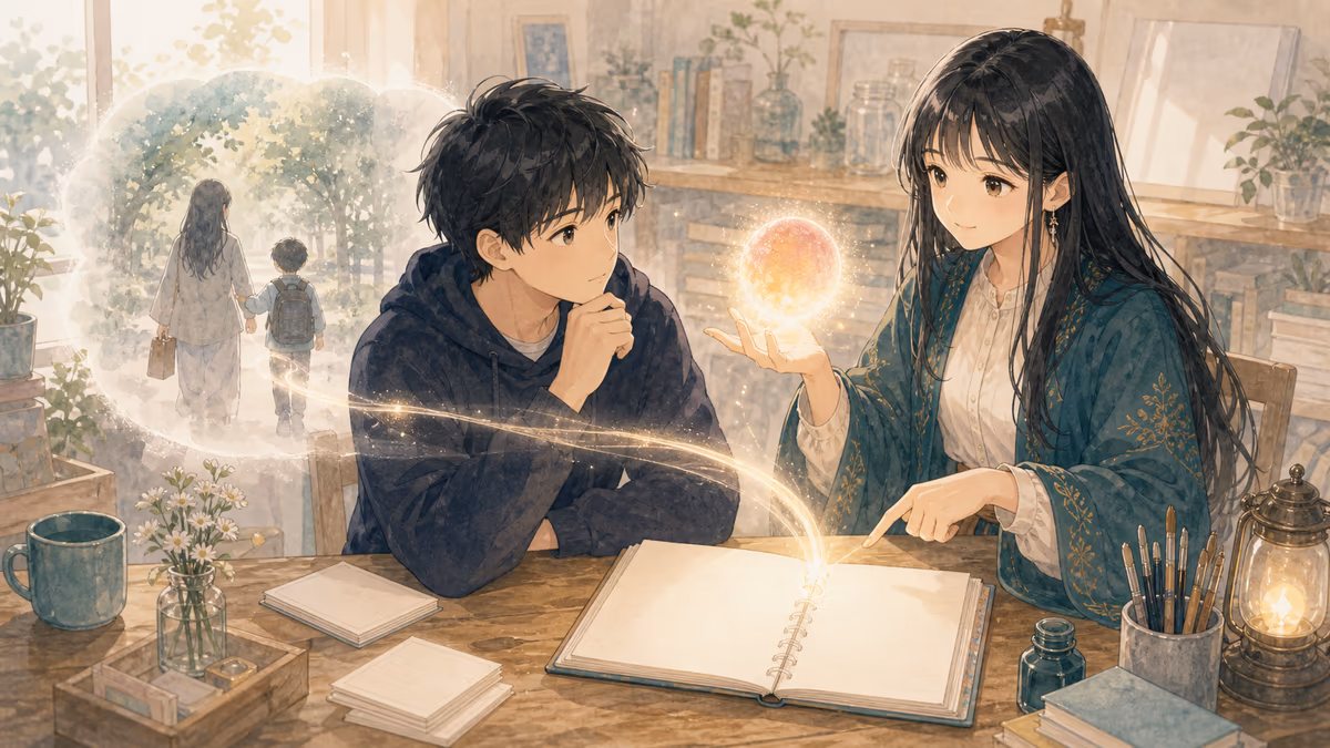 コトハが経験を物語にするなら、出来事ではなく感情を残すの要点を創作アトリエの小物と人物の配置で示している挿絵