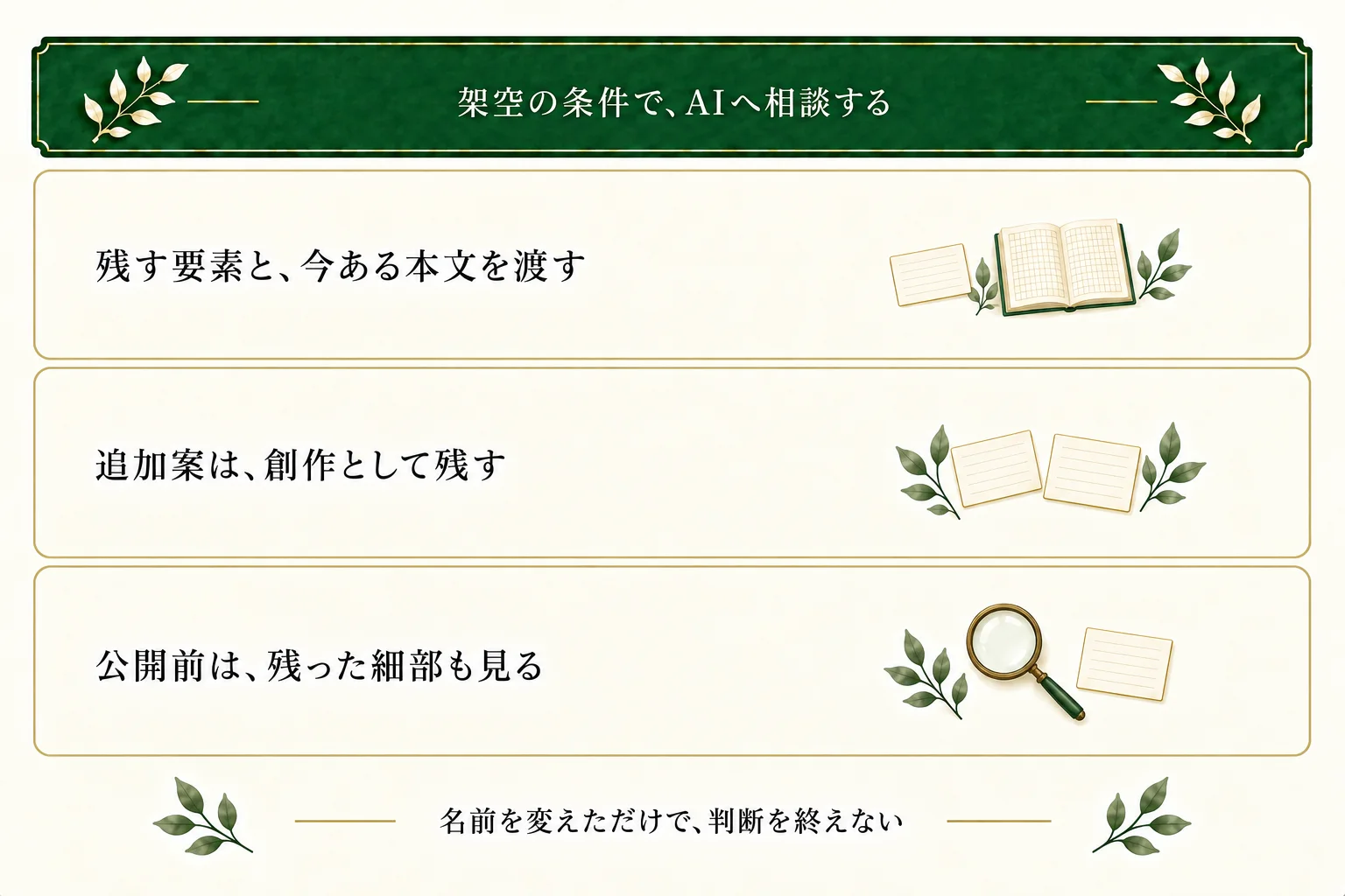 AIには架空化した材料と創作本文を渡す。追加案を実体験の事実へ戻さず、公開する場合は作品に残った細部も確認する。