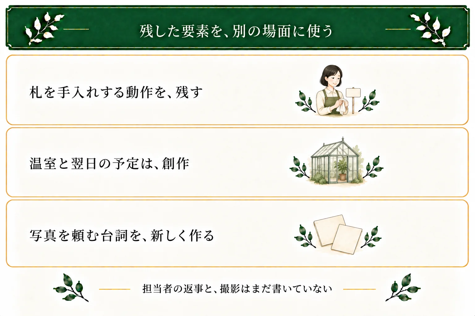 温室の札の三段落では、手入れの動作を残し、帆奈と温室、翌日の展示替え、写真を頼む台詞を創作した。撮影や返事は未記述。