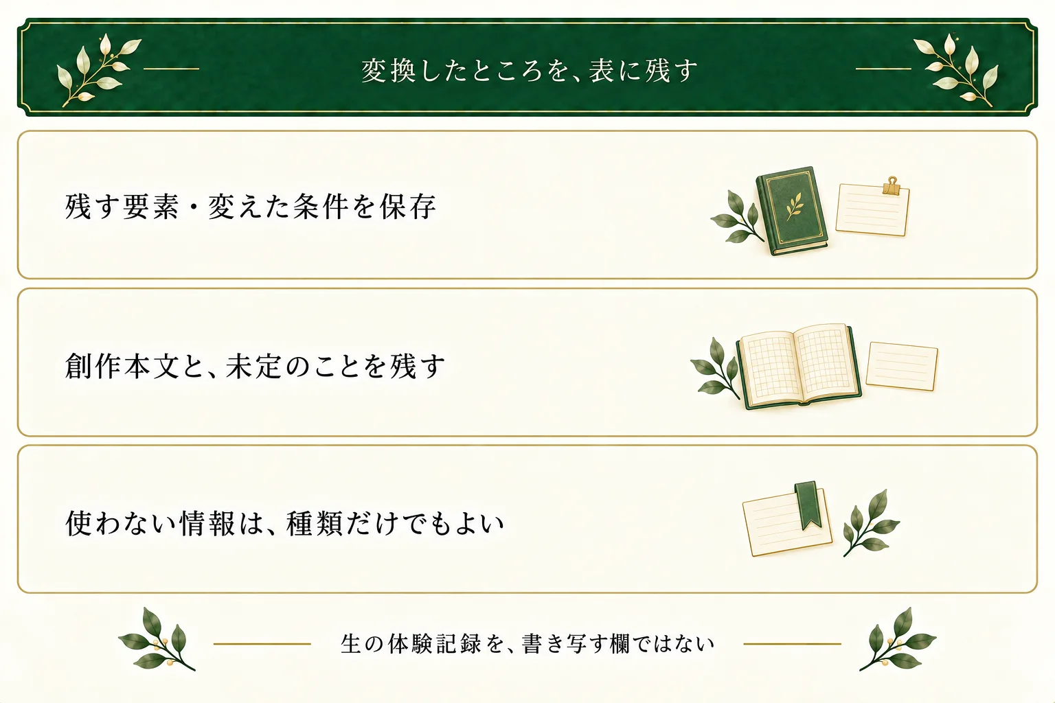 経験変換表に自分用の材料名、残す要素、架空の人物と条件、創作本文、判断を保存する。使わない情報は種類だけにし、未執筆や感情不明も残せる。