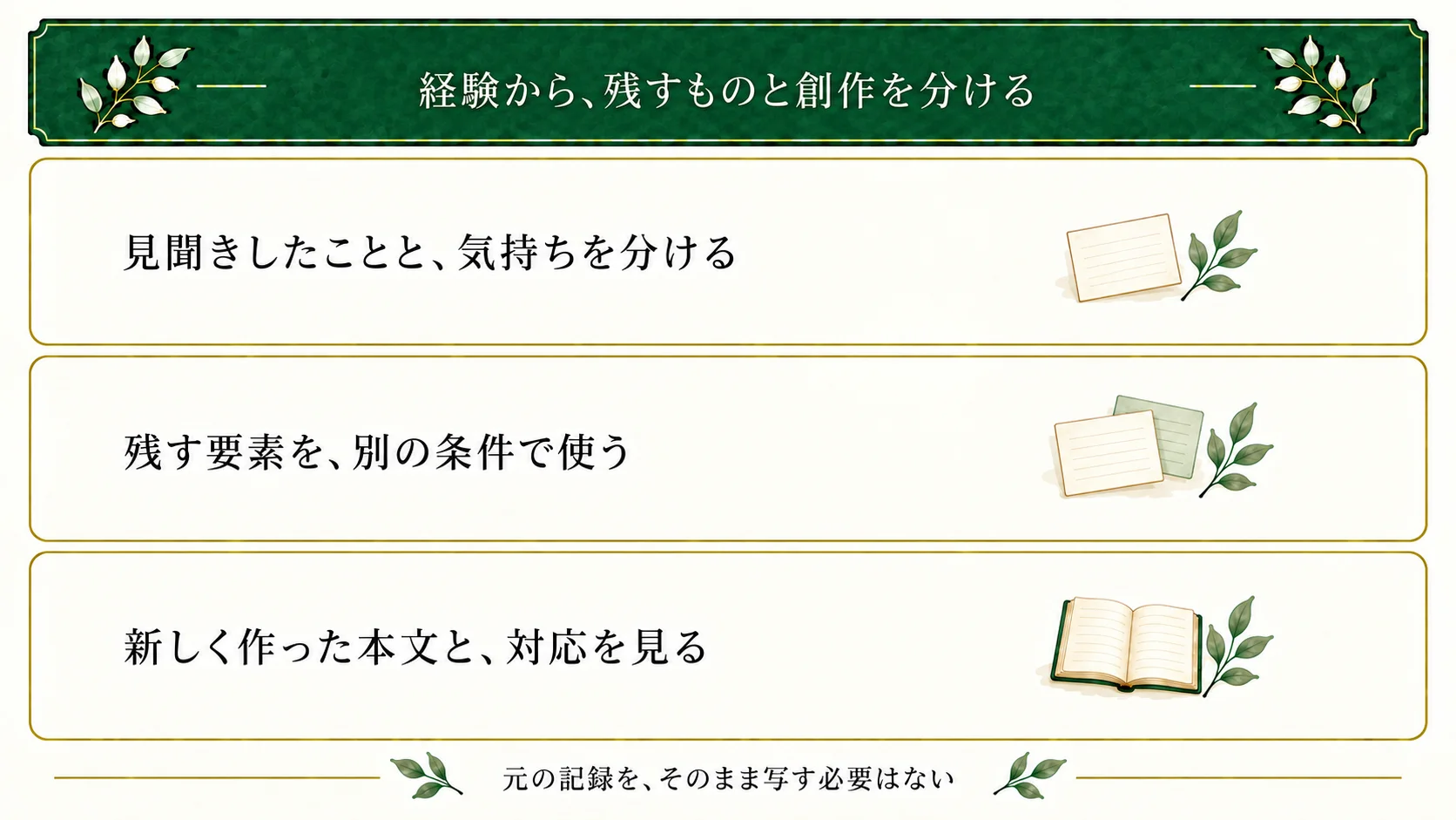 経験の観察と気持ちを分け、残す要素を別の条件で使う。元の材料と新しく作った本文の対応を保存する。