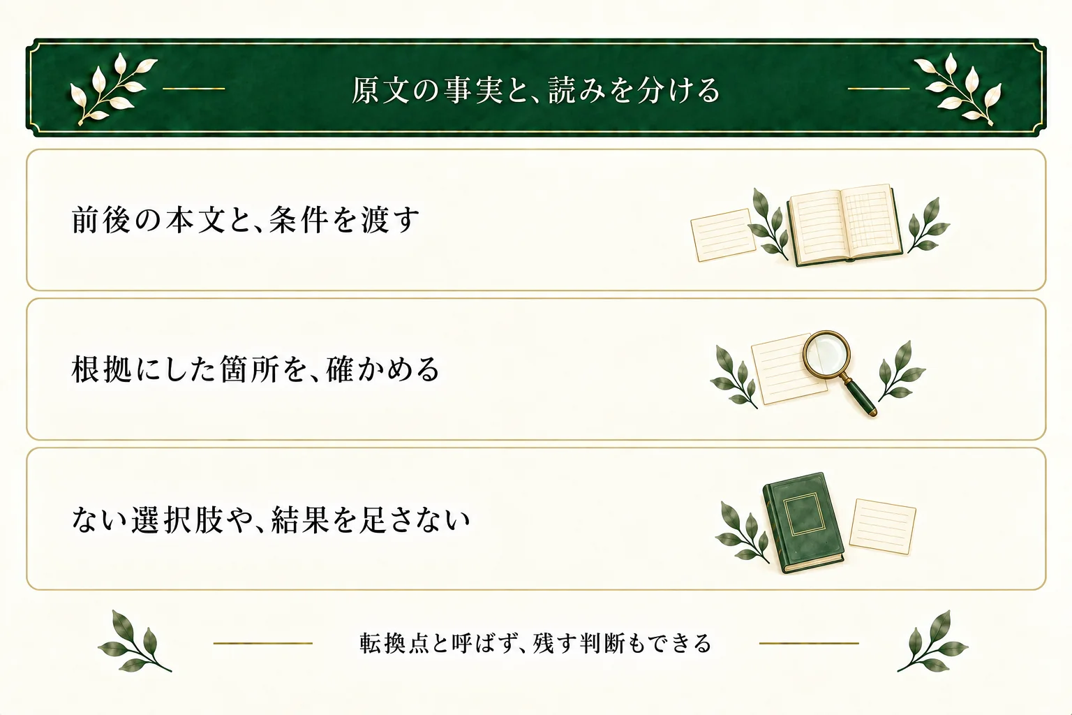 AIや仲間には前後の本文と条件、転換として見たい理由を渡す。事実と解釈を分け、選択肢や結果を数合わせで加えない。