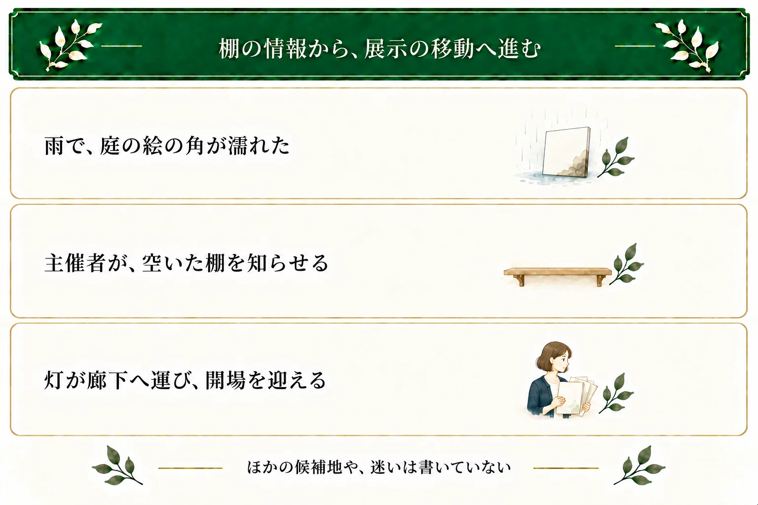 雨の展示台の五段落を読む。雨で絵の角が濡れ、主催者が空いた棚を知らせ、灯が廊下へ運ぶ。情報と実際の動作を分けて転換を読む。