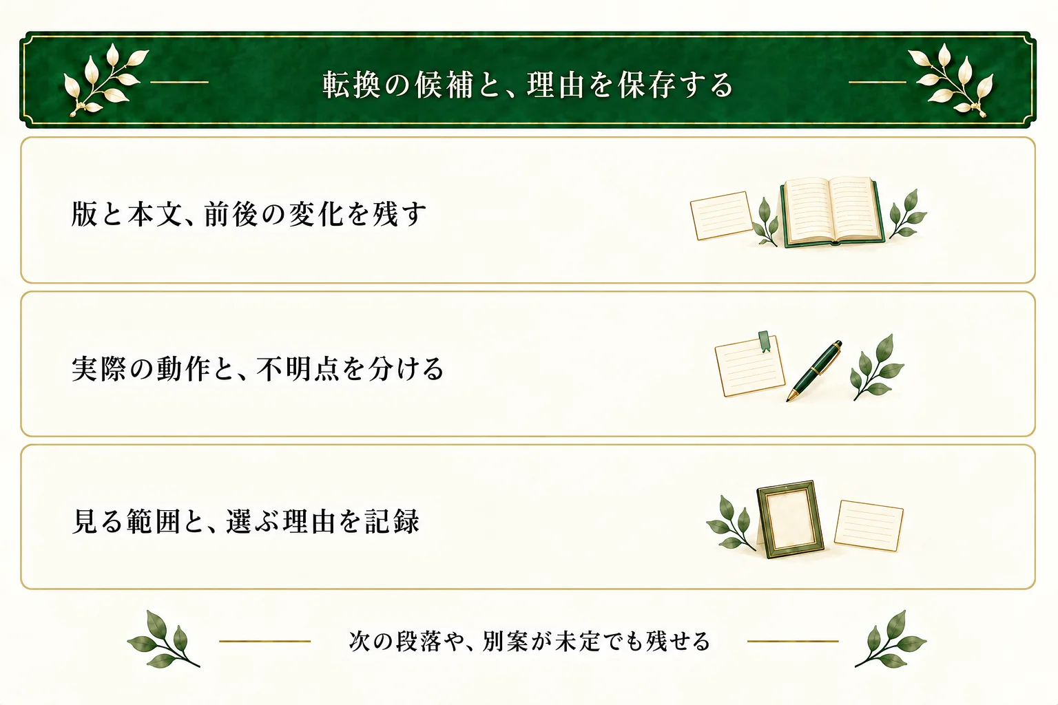転換点メモに本文と前後の流れ、実際の行動、不明なこと、候補にした理由を残す。別案や続きが未定でも保存できる。
