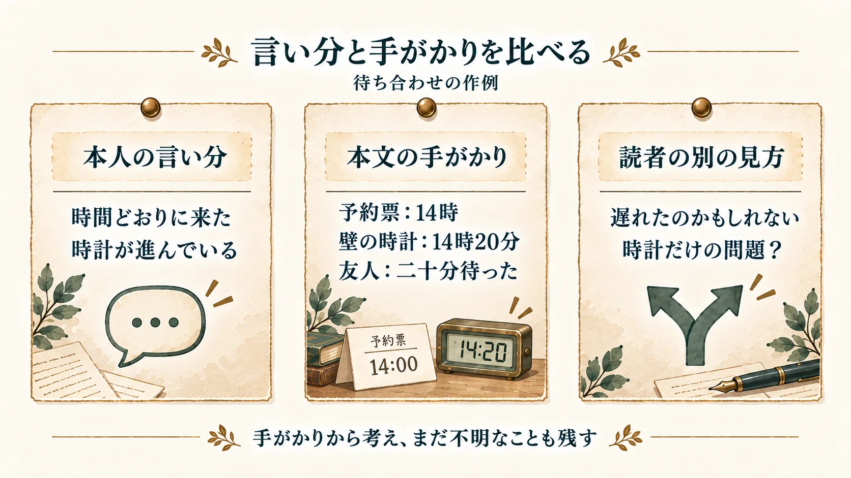 待ち合わせの作例。時間どおりに来たという言い分に対し、予約14時・時計14時20分・友人の二十分待ったという言葉を並べ、遅れた可能性を考える。