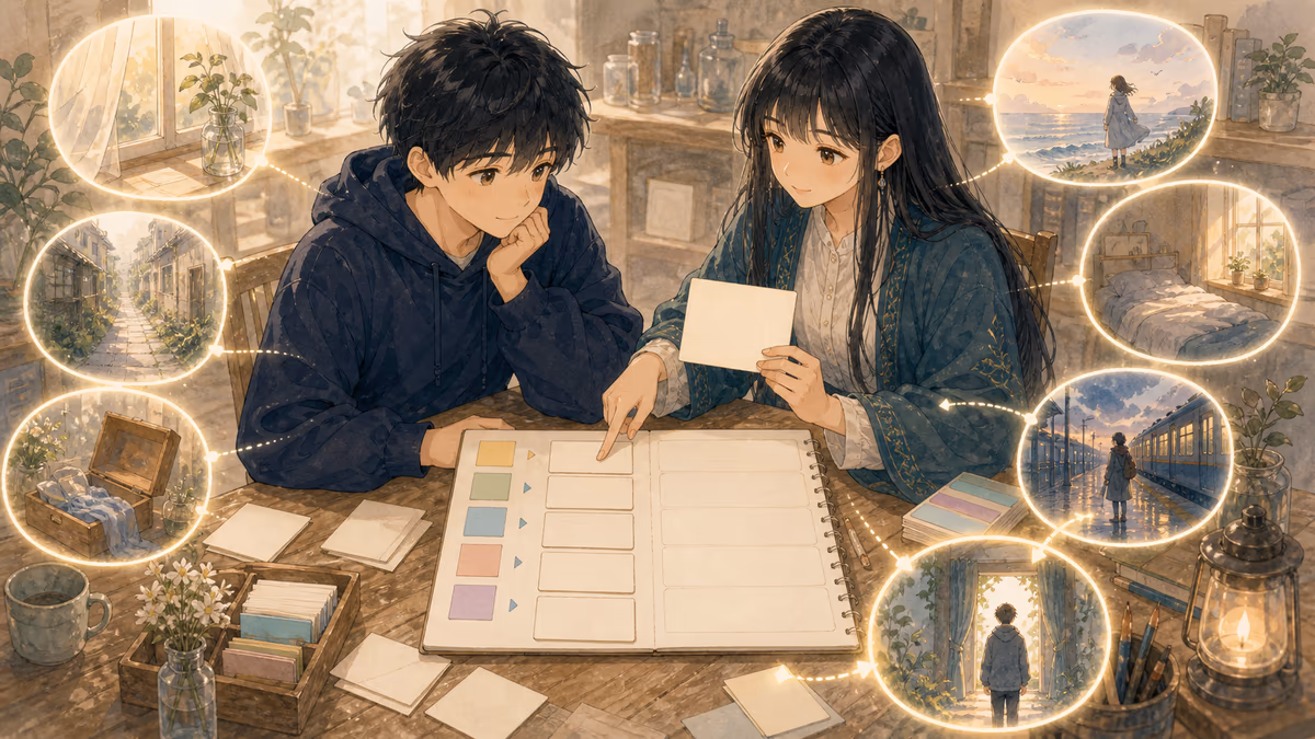 コトハがもしも質問リストを作って、今日の一歩を形にするの要点を創作アトリエの小物と人物の配置で示している挿絵