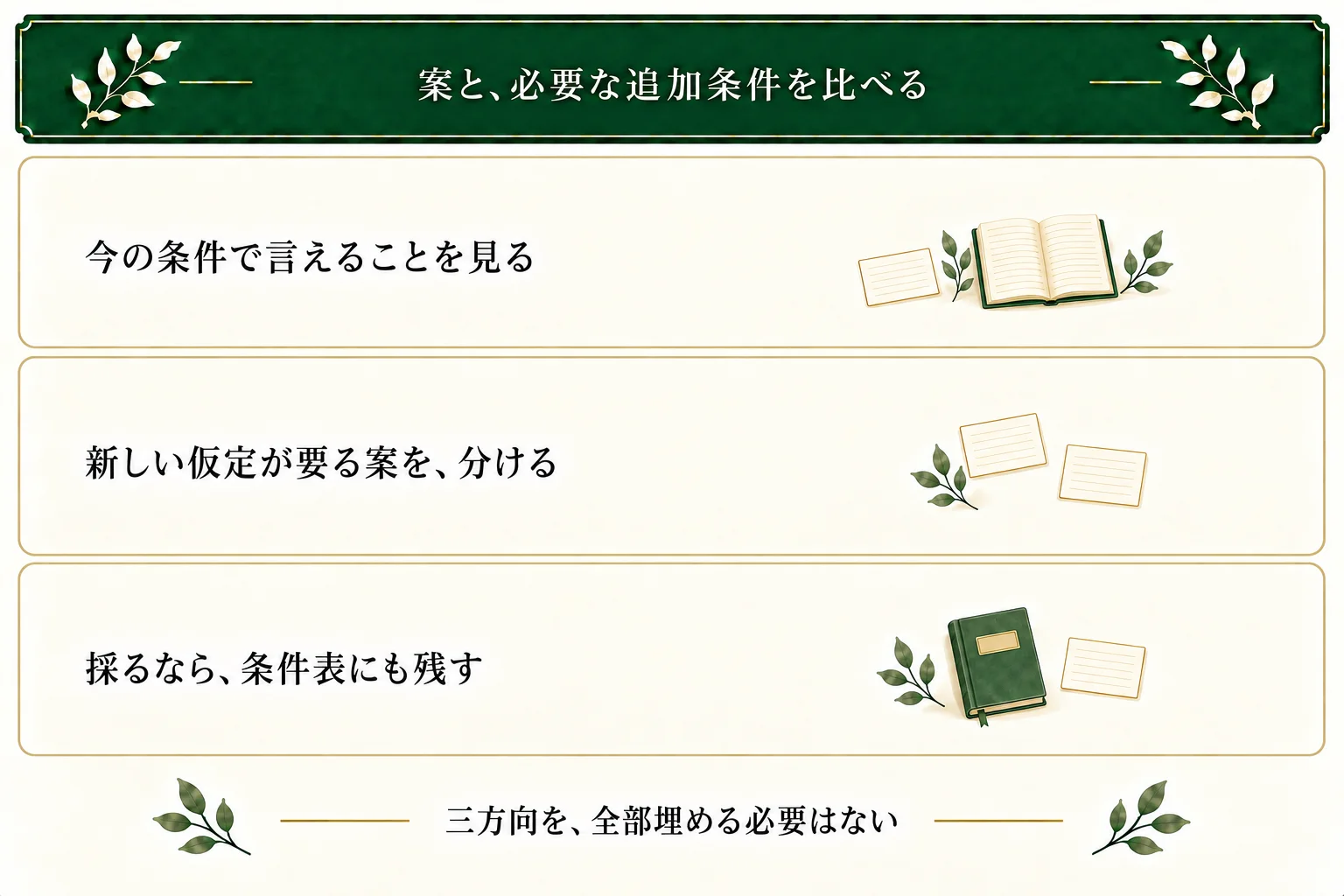 AIへは出発点と補足、未定、本文を渡す。今の条件で試せる案と追加設定が必要な案を分け、採用した仮定は条件表へ戻す。