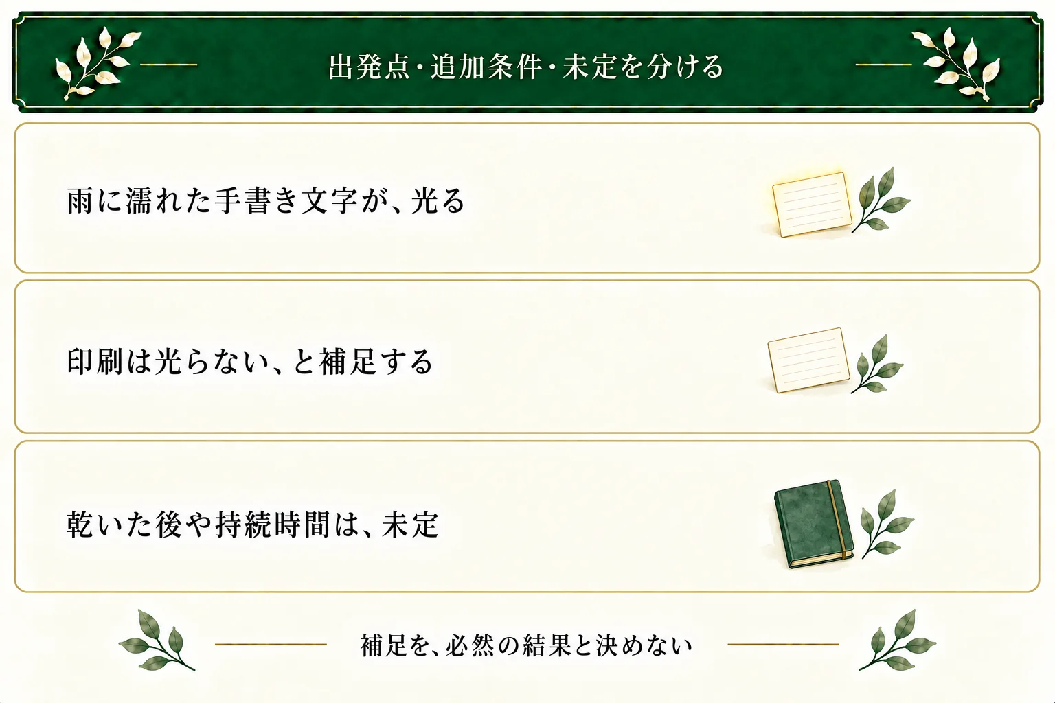 出発点は雨に濡れた手書き文字が光ること。印刷文字は光らないという作者の補足を分け、乾燥後や持続時間は未定とする。