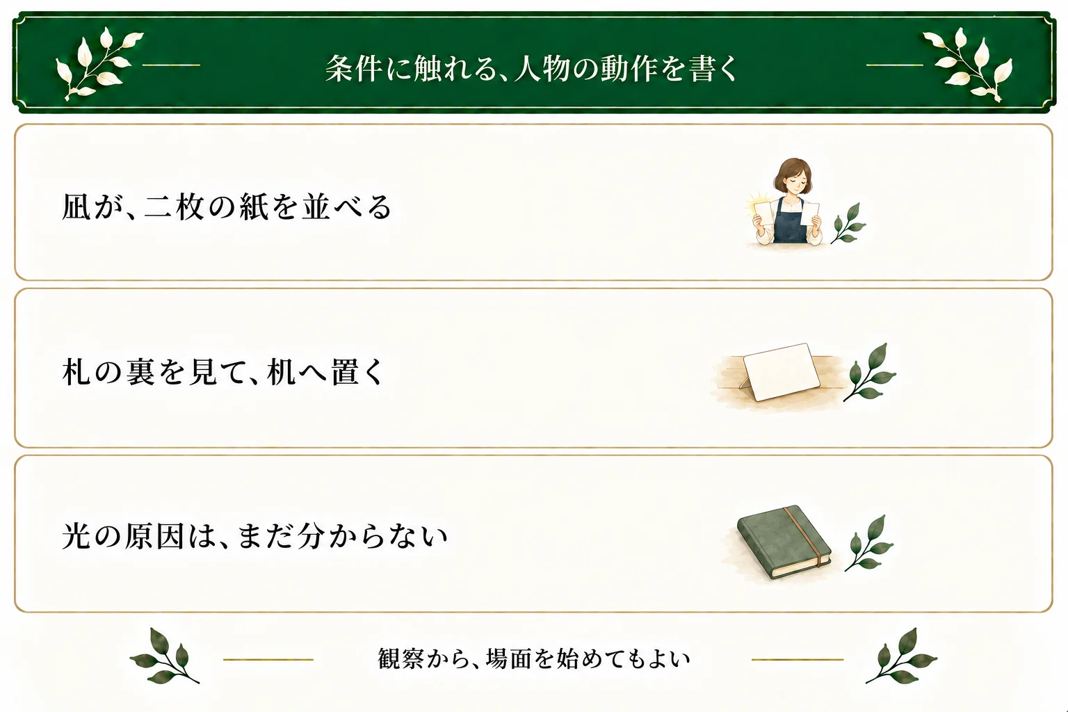 凪が手書き札と印刷ポスターを並べ、札の裏を見て机に置く三段落。新しい現象を観察する場面で、大きな決断や原因解明は書いていない。