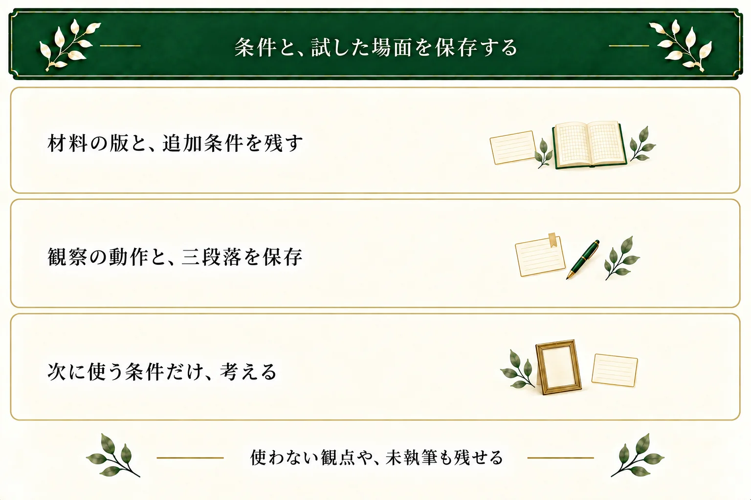 もしも質問リストに出発点、追加条件、必要な観点、人物の動作と本文を保存。使わない観点や未執筆を残し、次に必要な条件を考える。
