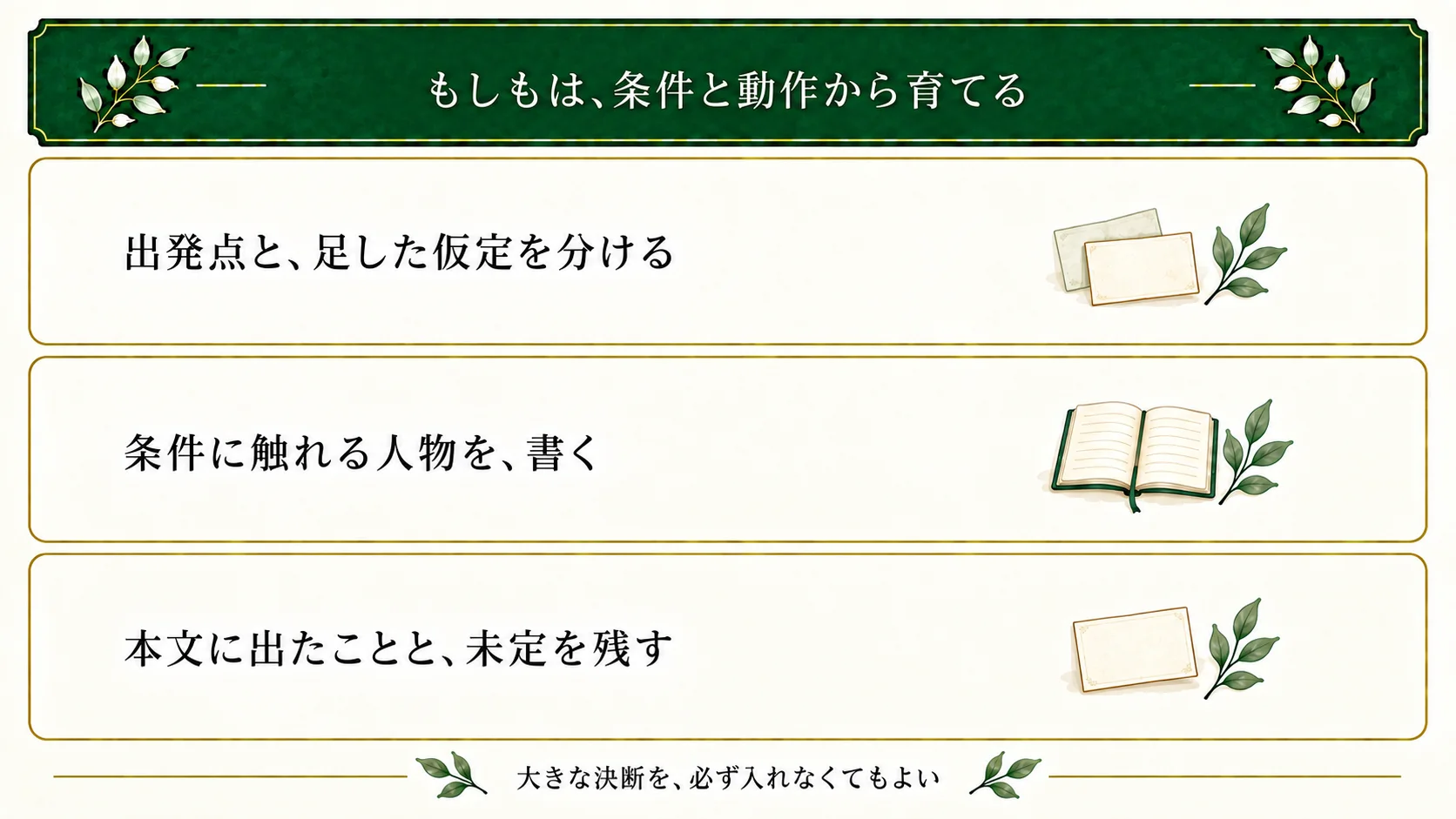 もしもから考える条件と、作者が追加した仮定を分ける。人物が条件に触れる短い場面を書き、示したことと未定を残す。