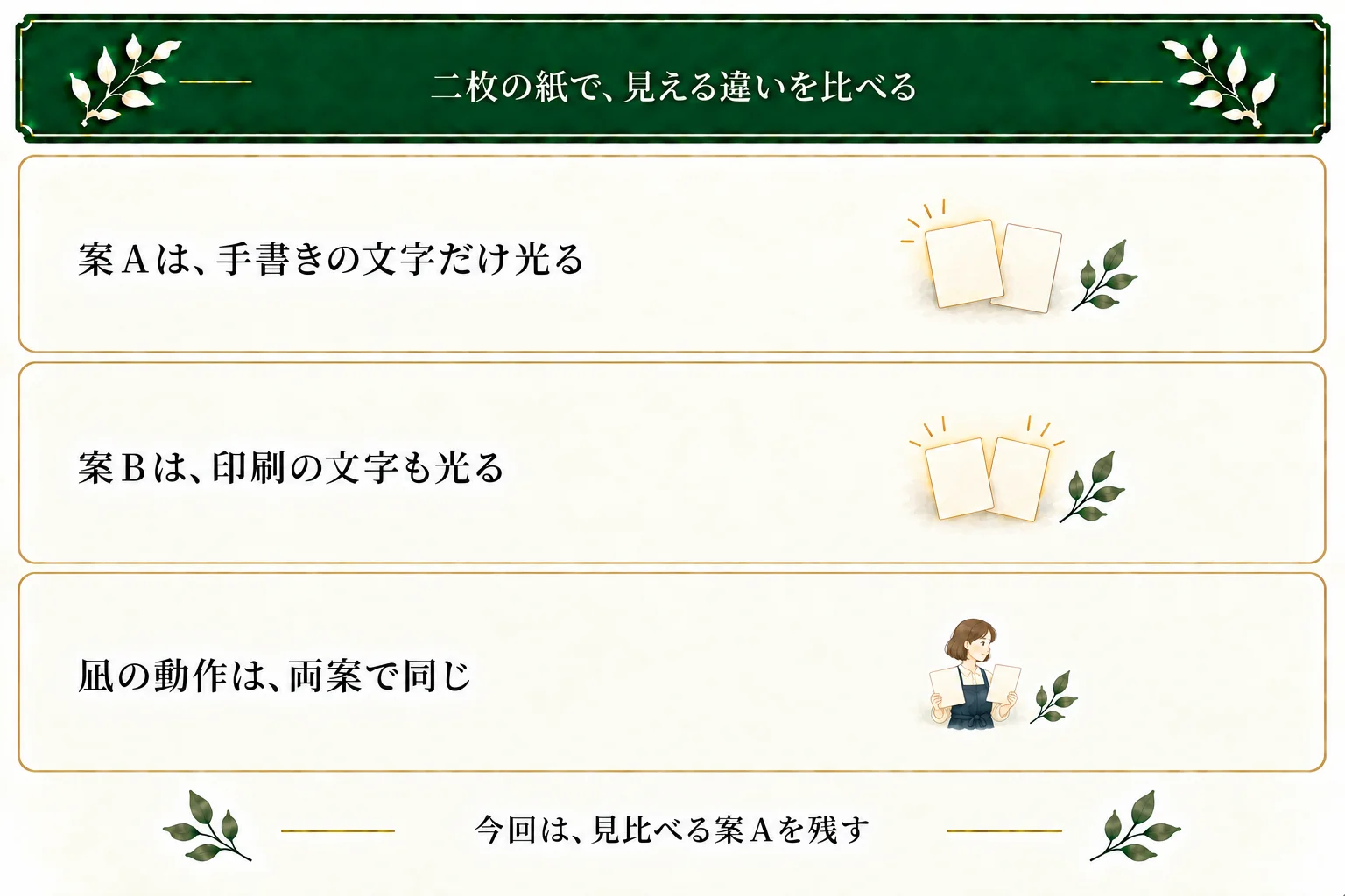 案Aは手書き札だけ、案Bは印刷ポスターも光る。凪の動作は同じで、見える情報が違う。手書きと印刷を見比べる場面にしたいのでAを残す。
