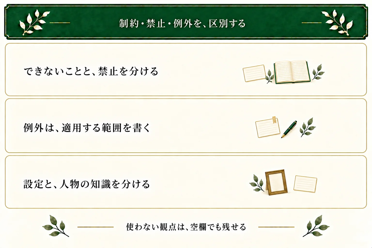 できない性質と、できる行為を禁じる規則を分ける。例外は適用範囲を記し、作者の設定と人物が知っていることも区別する。
