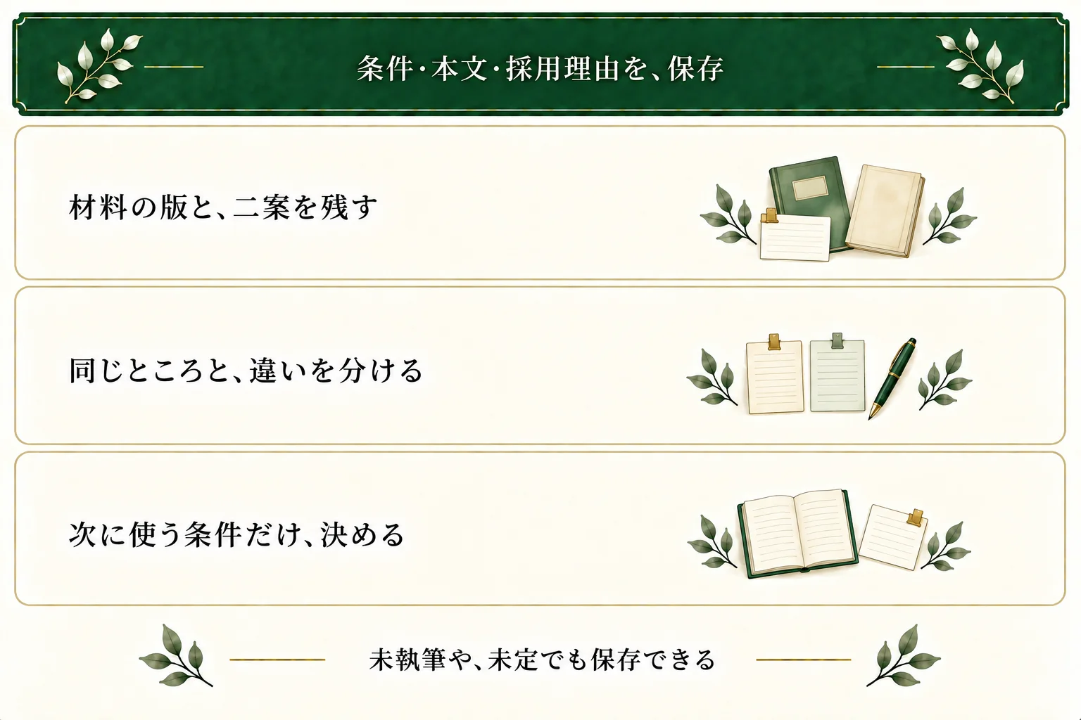 ルール設計シートに材料の版、二案の本文、同じ動作と違う情報、採用理由を保存。次の場面で必要な条件だけを決める。
