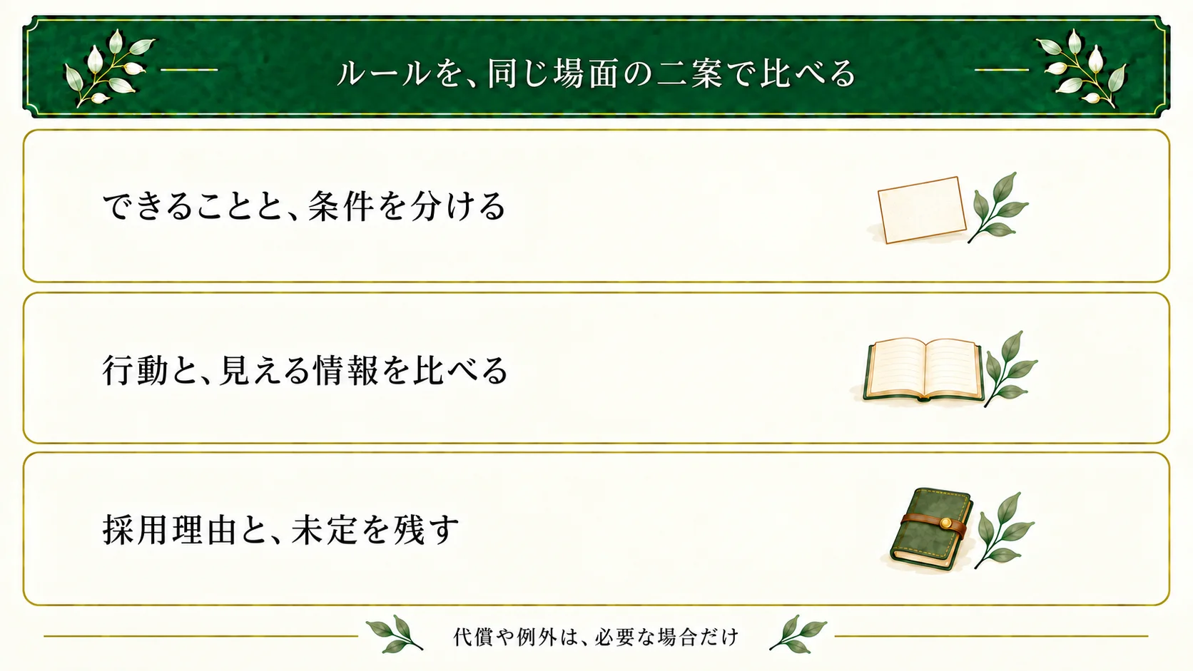 物語のルールを条件に分け、同じ場面の二案で行動と見える情報を比べる。採用理由と未定を残し、代償や例外は必要な場合に決める。