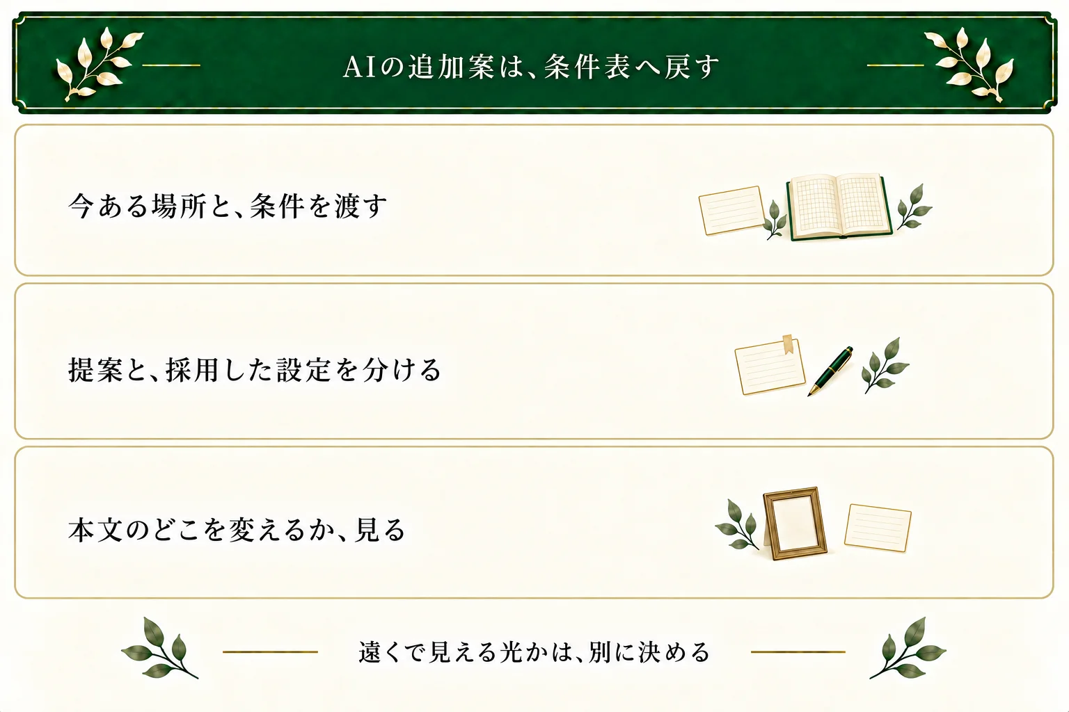 AIへ今ある場所と条件を渡し、提案と採用を分ける。遠くまで光が見えるかなど新しい条件は別に決め、本文をどこで変えるか確かめる。