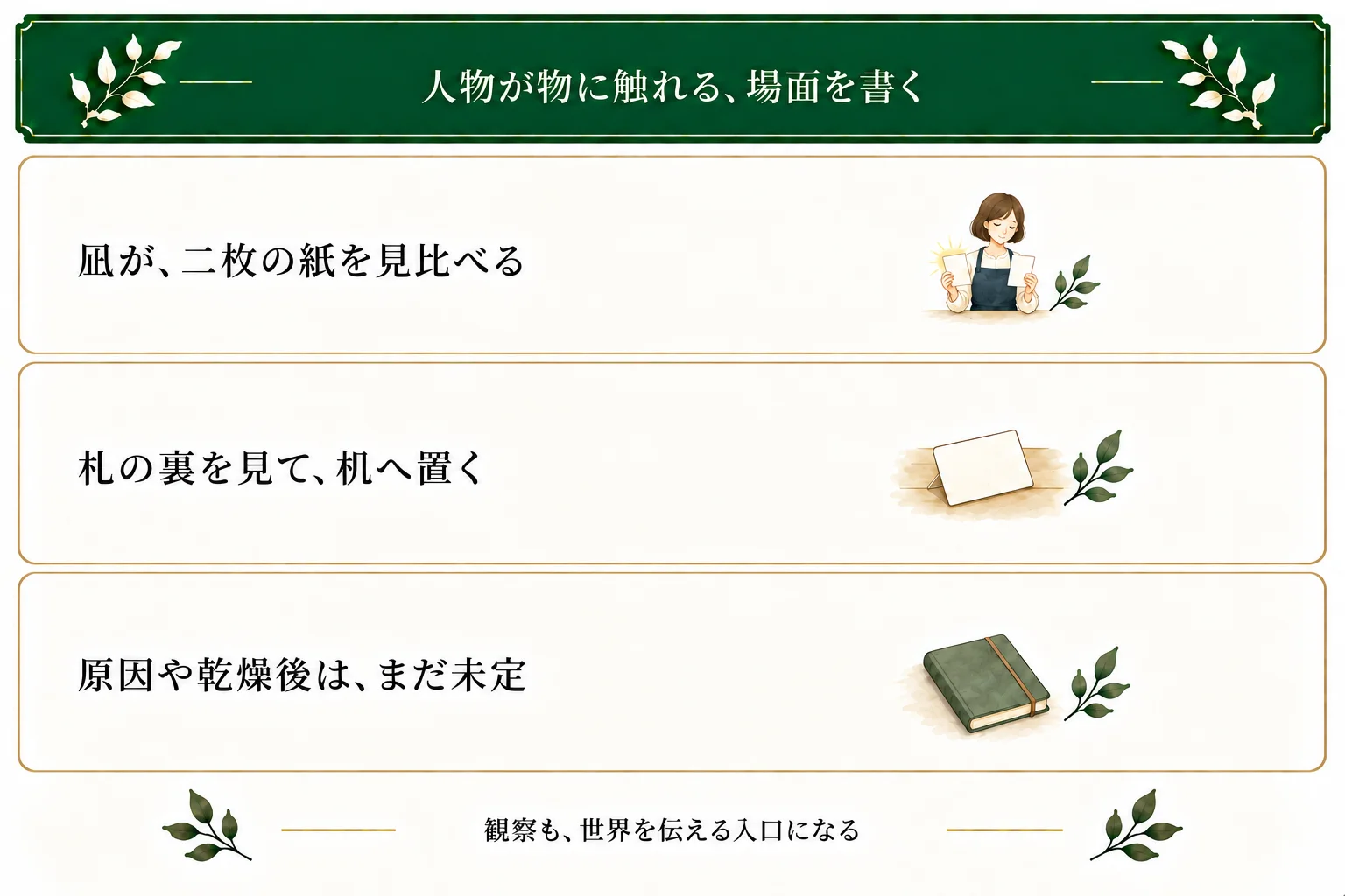 凪が二枚を見比べ、札の裏を見て机に置く三段落。光の原因や乾燥後はまだ決めず、観察の動作で世界の一部を伝える。