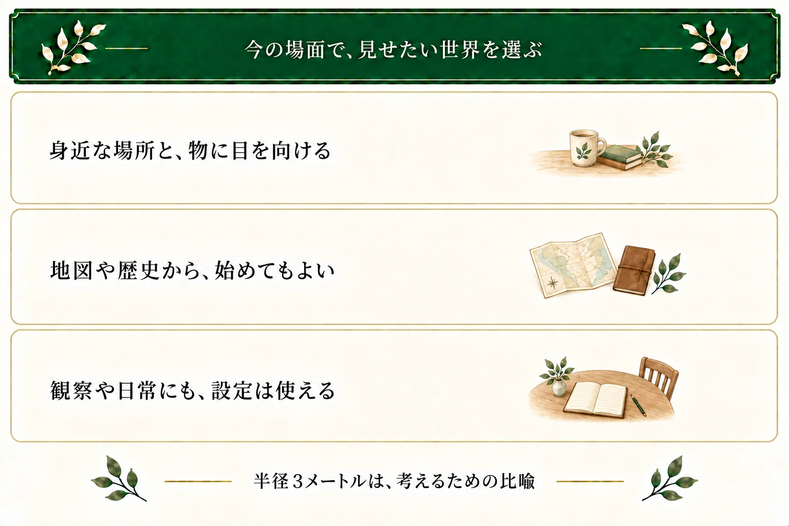 身近な場所や物から世界観を考える入口。地図や歴史から始める方法もあり、半径三メートルは厳密な距離ではない。観察や日常も世界観を伝える。