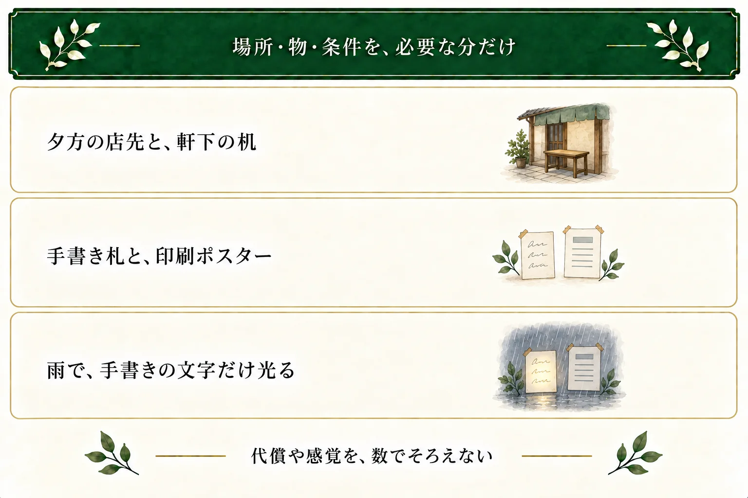 雨の文字の自作例では夕方の店先と机、手書き札と印刷ポスター、雨で手書きだけ光る条件を選ぶ。すべての物に代償を設けない。