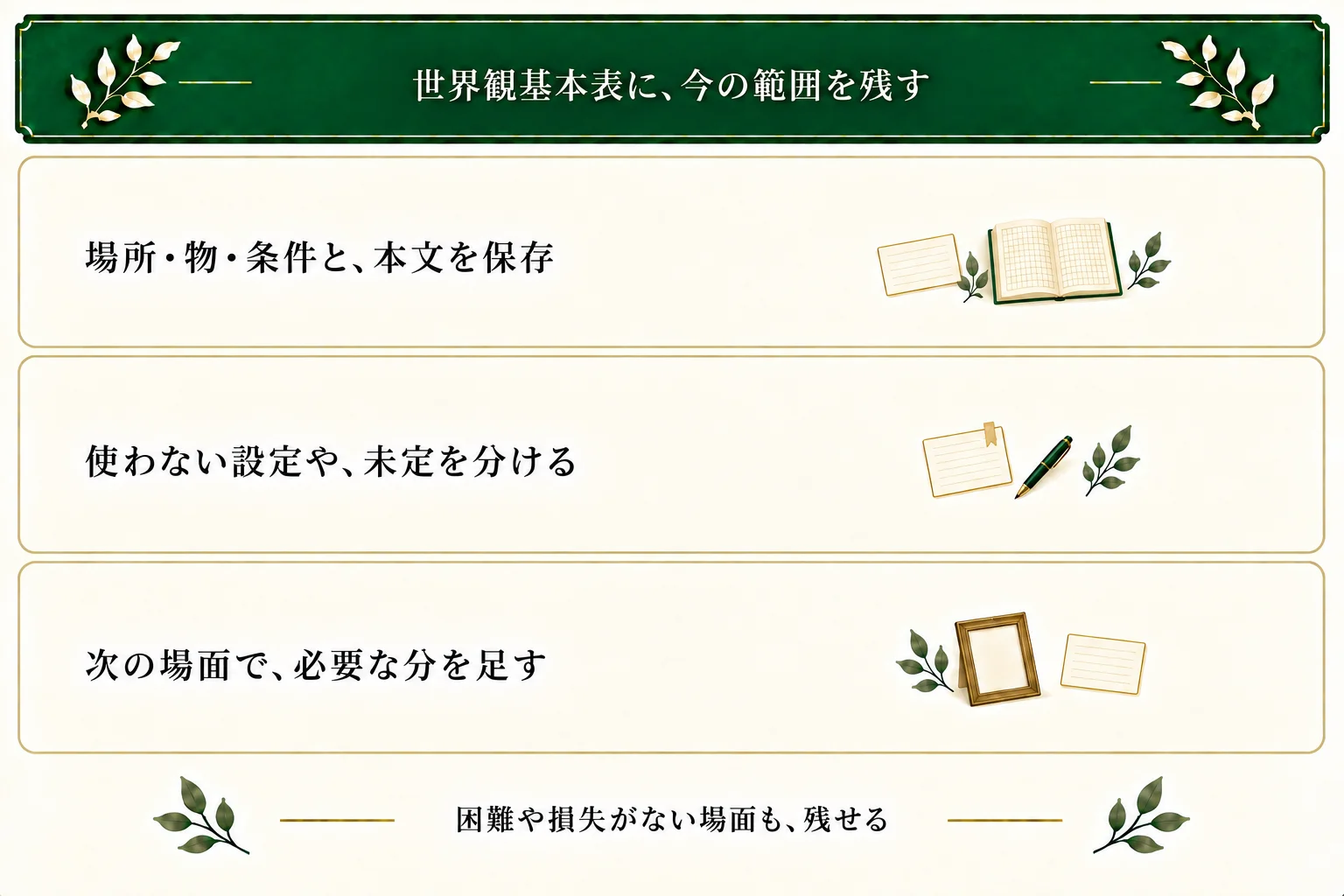 世界観基本表に場所・物・条件と本文を保存。未定を分け、次の場面で必要な設定から足す。困難や代償のない場面も保存できる。