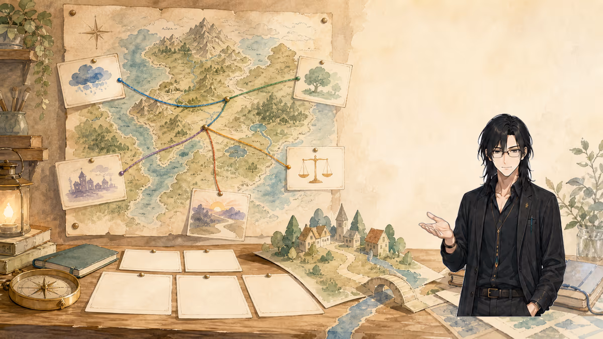 世界観の作り方の内容をイメージした創作アトリエの挿絵