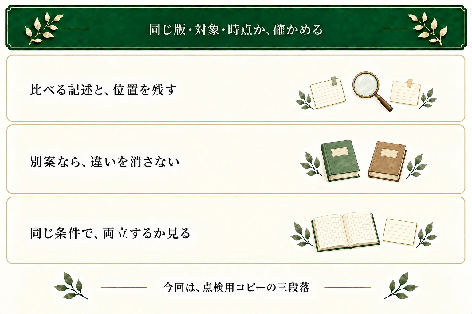 版・対象・時点をそろえた記述を照合する。別案の違いは消さず、同じ条件で両立しない場合を矛盾候補にする。