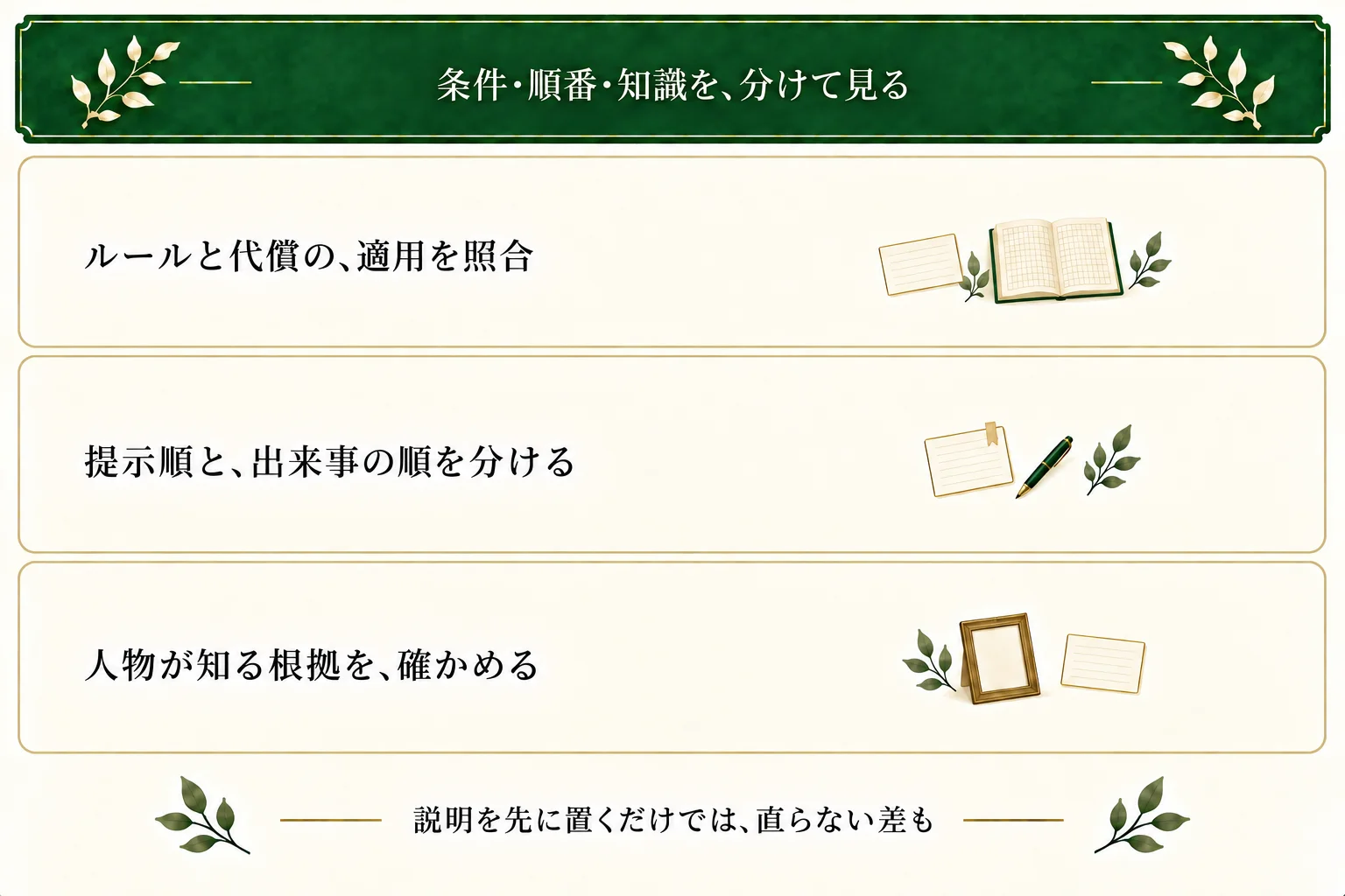 ルール・代償・時系列・知識を確認する。説明の提示順と出来事の順を分け、人物が知る根拠と読者に伝えた記述を照合する。