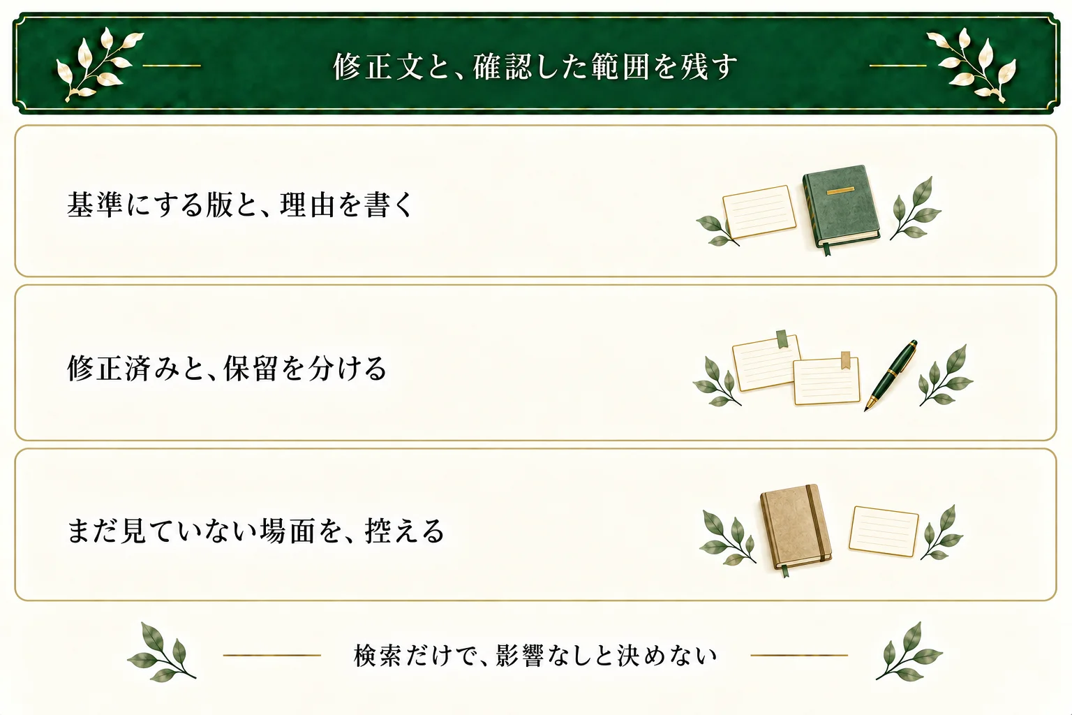 整合性チェック表に基準と理由、修正文、確認済みと未確認を保存する。検索語が見つからないだけで影響がないとは断定しない。