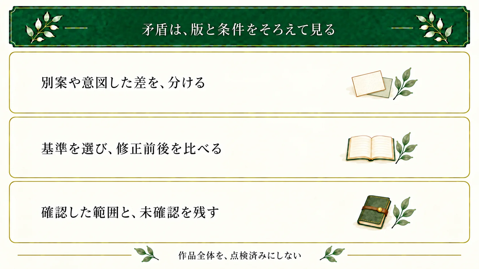 世界観の矛盾は同じ版と条件の記述を照合する。別案や意図した差を分け、基準と修正前後、確認済みと未確認を残す。