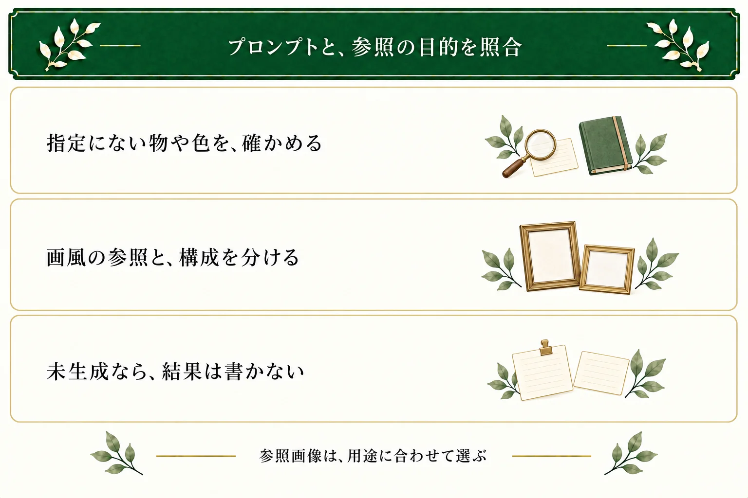 プロンプトを条件表と照合し、画風を合わせる参照と配置を案内する構成参照を分ける。未生成のメモは結果を未確認として残す。